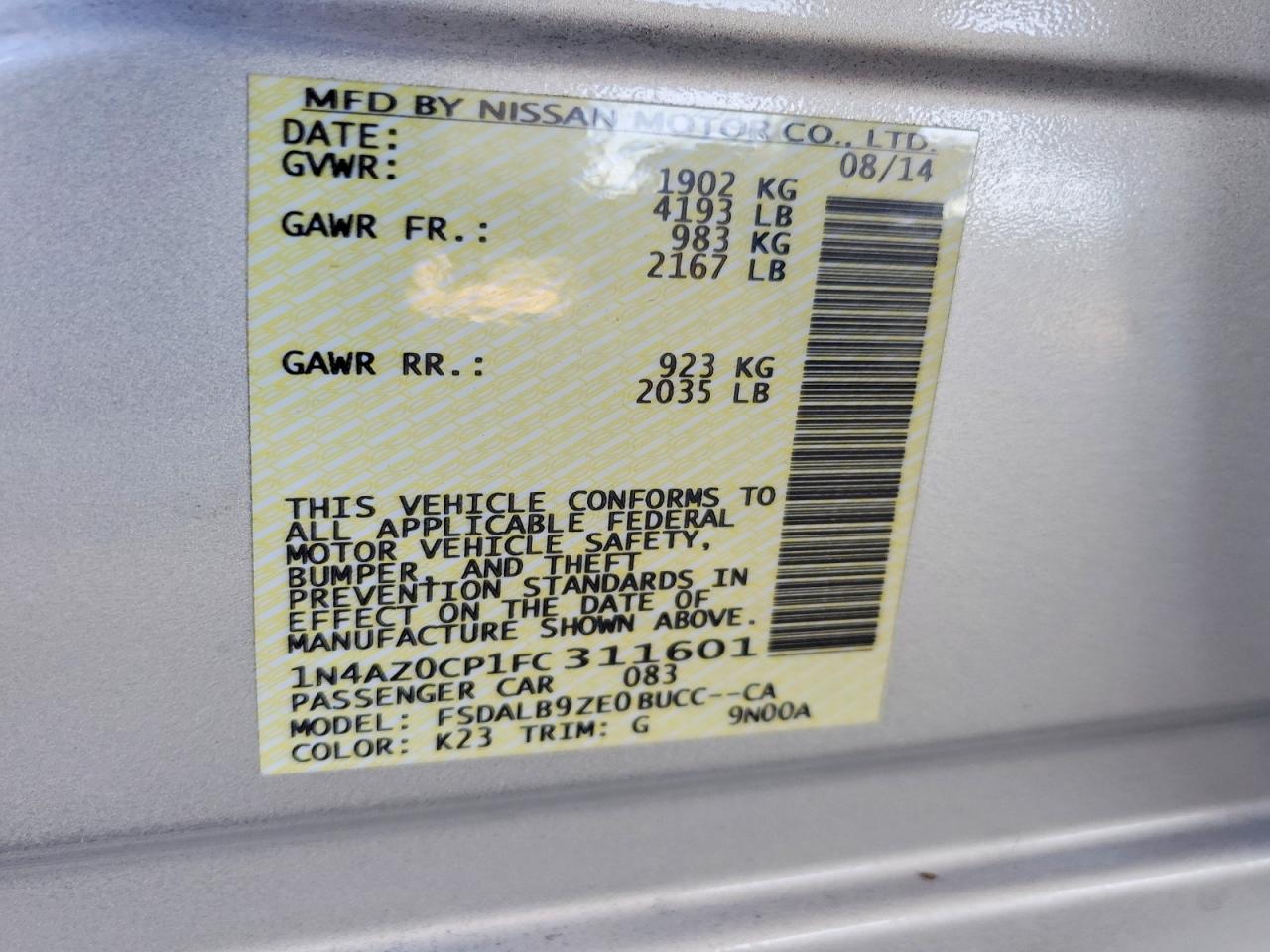 2015 Nissan Leaf S Silver vin: 1N4AZ0CP1FC311601