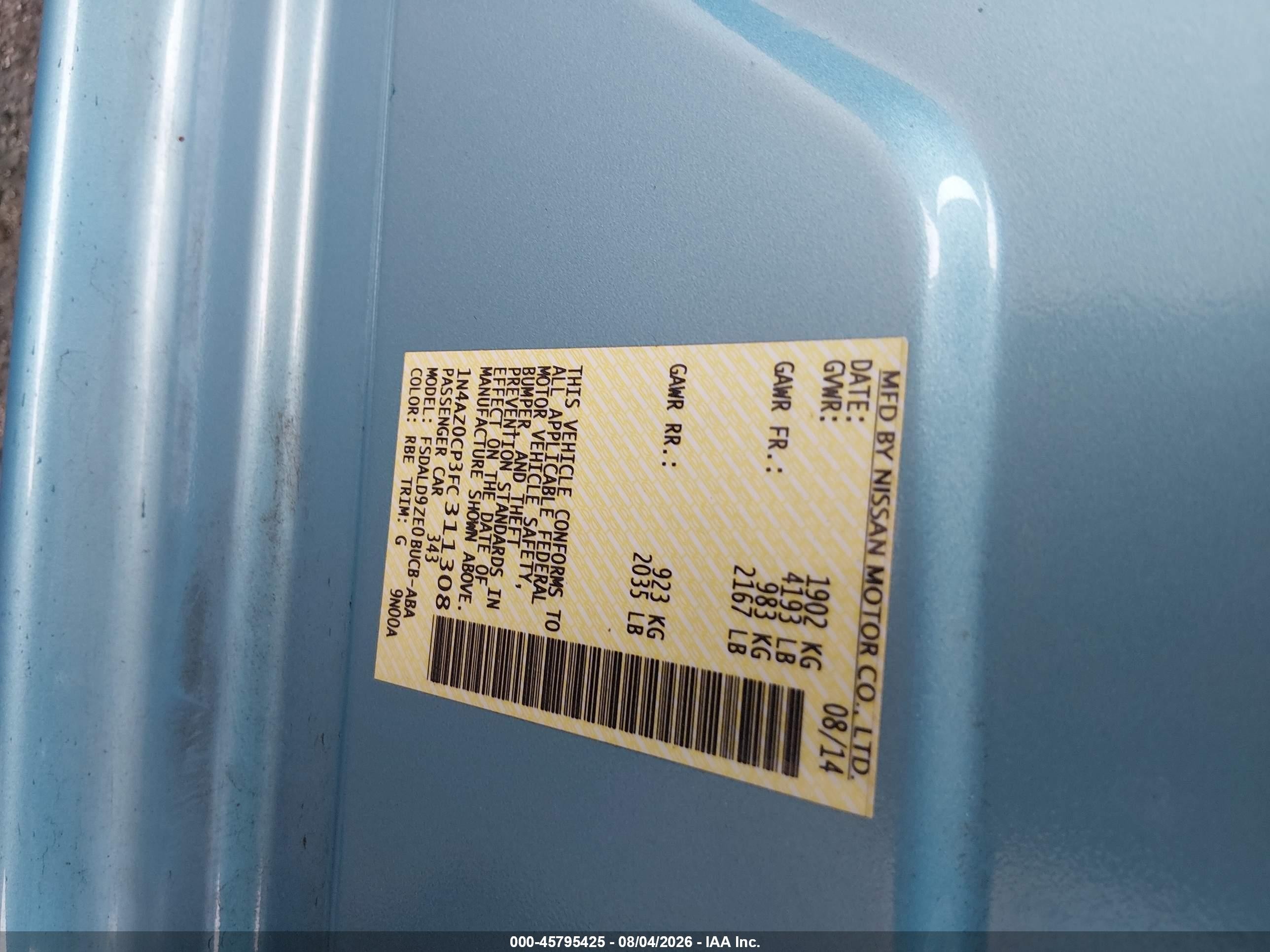 2015 Nissan Leaf Sv Light Blue vin: 1N4AZ0CP3FC311308