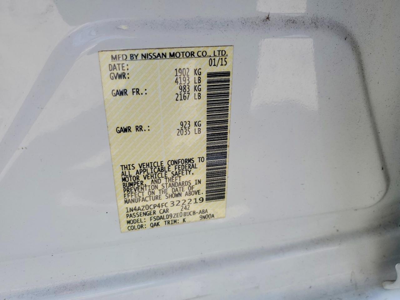 2015 Nissan Leaf Sv White vin: 1N4AZ0CP4FC322219