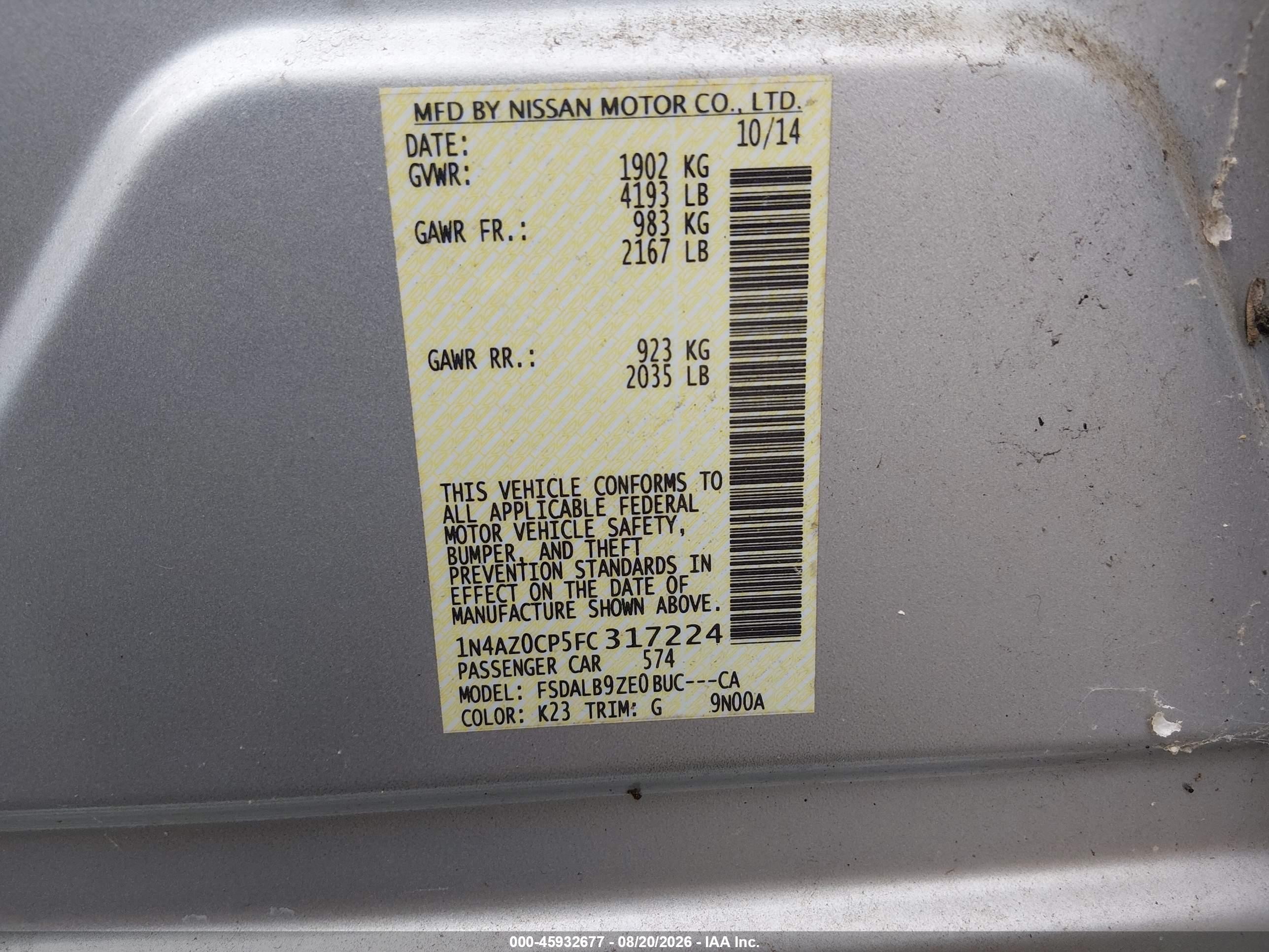 2015 Nissan Leaf S Silver vin: 1N4AZ0CP5FC317224