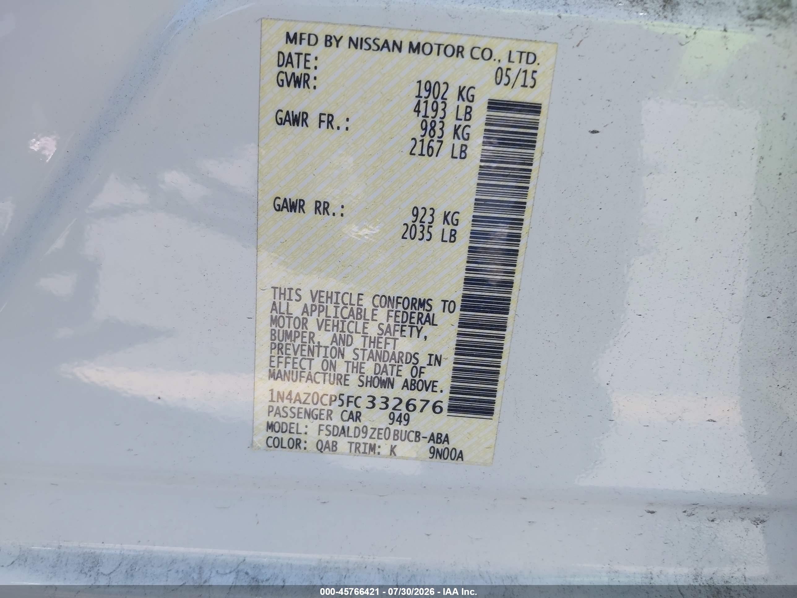 2015 Nissan Leaf S/sl/sv White vin: 1N4AZ0CP5FC332676