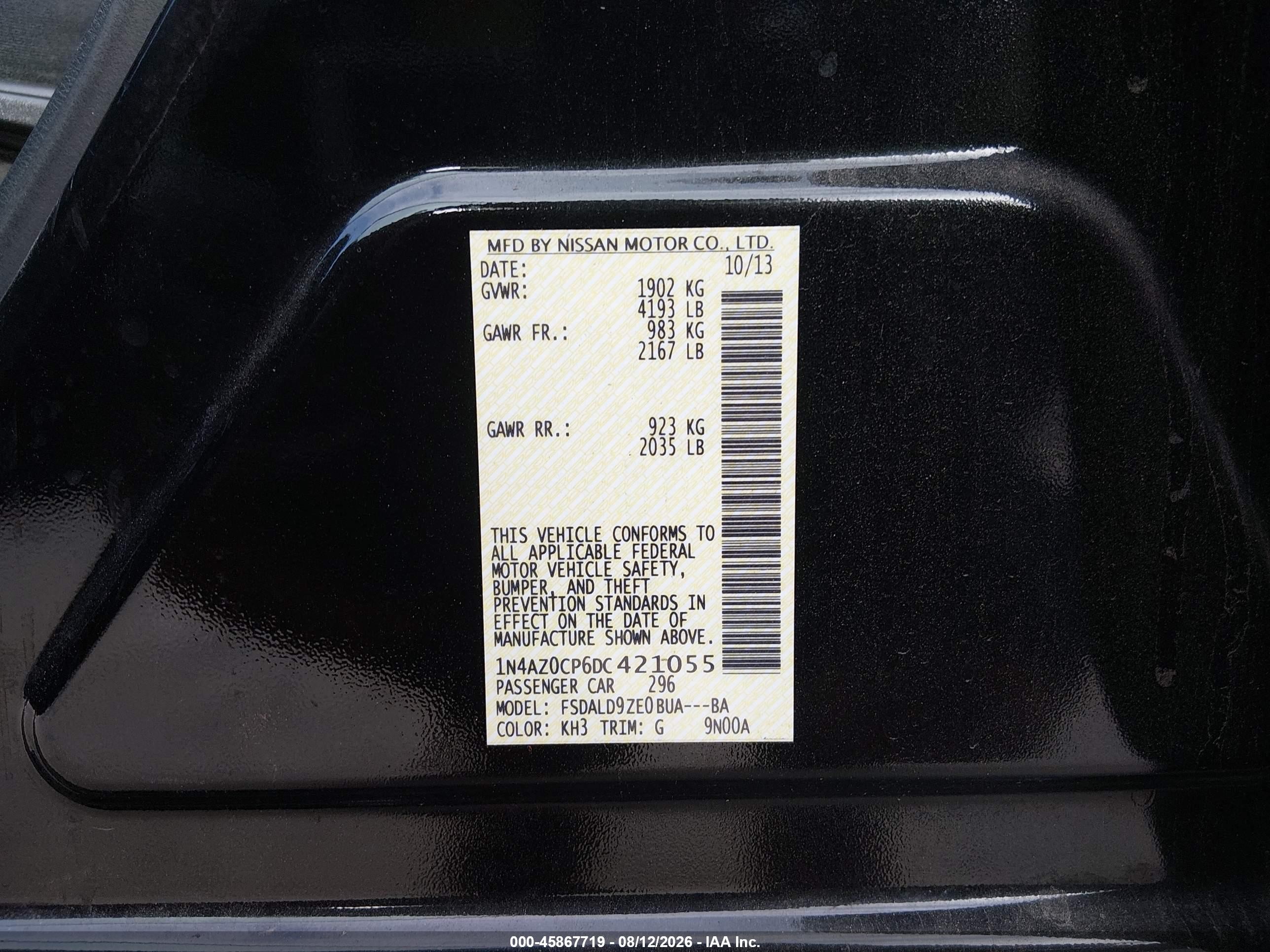 2013 Nissan Leaf Sv vin: 1N4AZ0CP6DC421055