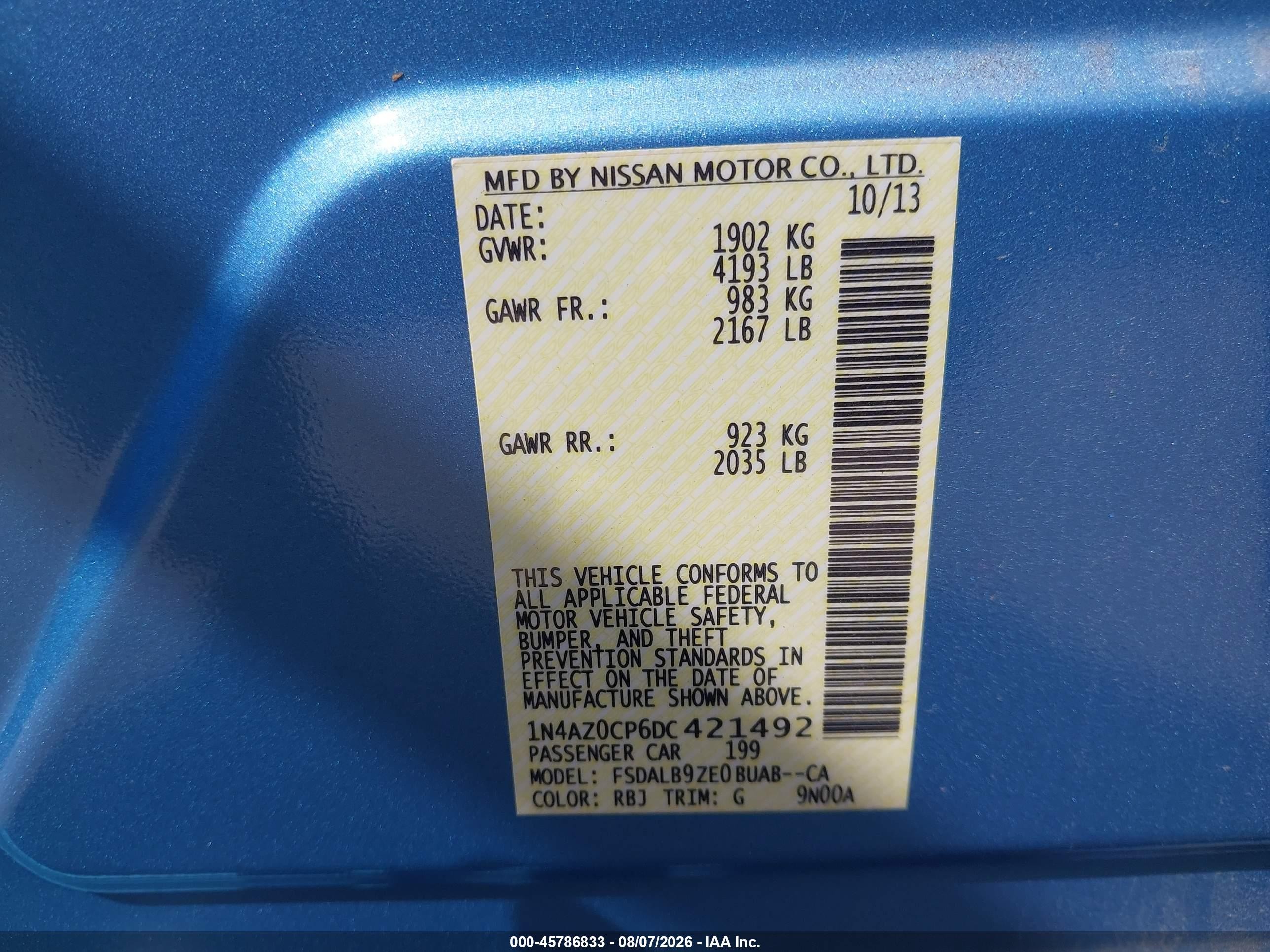 2013 Nissan Leaf S Blue vin: 1N4AZ0CP6DC421492
