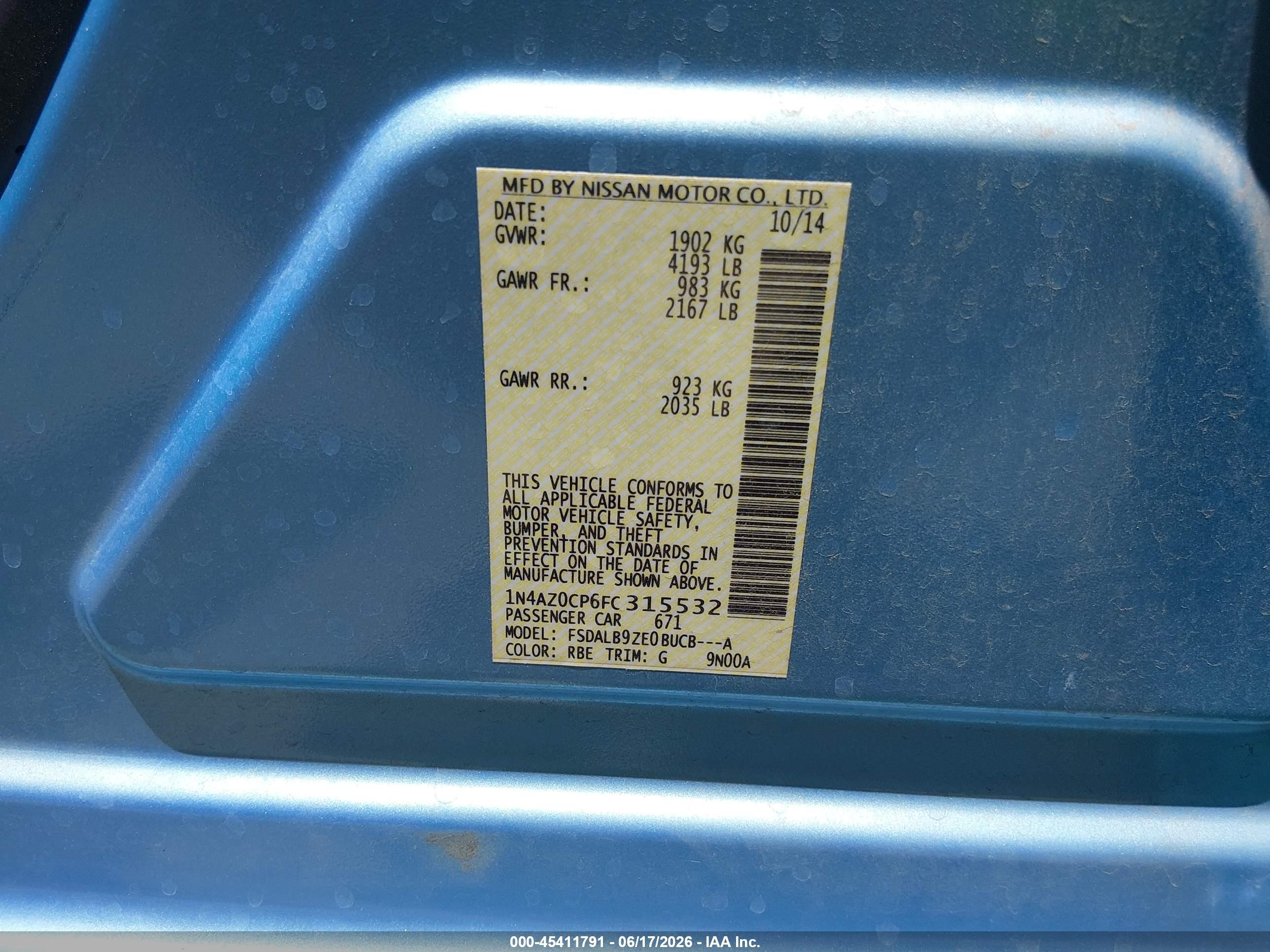 2015 Nissan Leaf S Blue vin: 1N4AZ0CP6FC315532