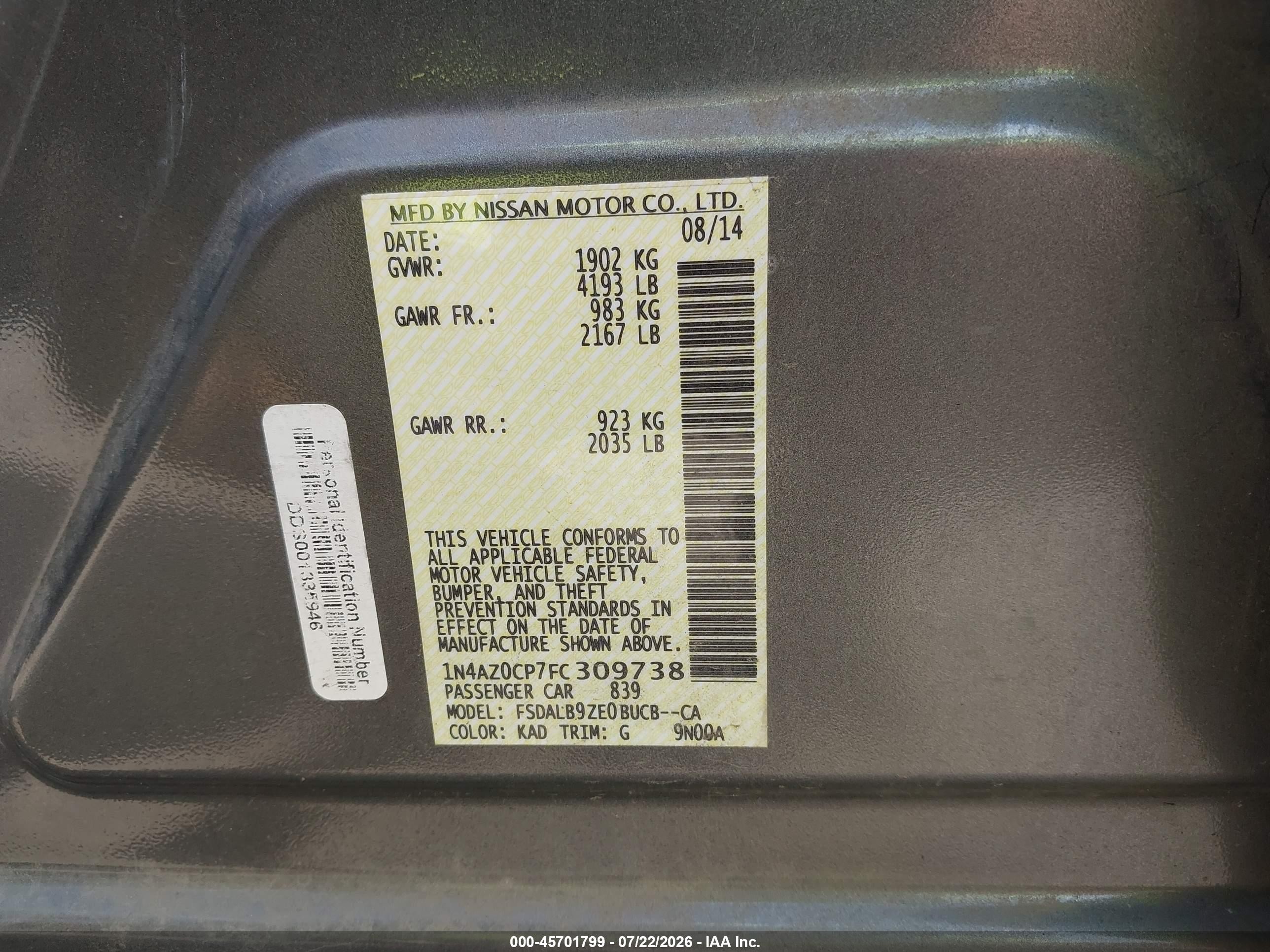2015 Nissan Leaf S Gray vin: 1N4AZ0CP7FC309738