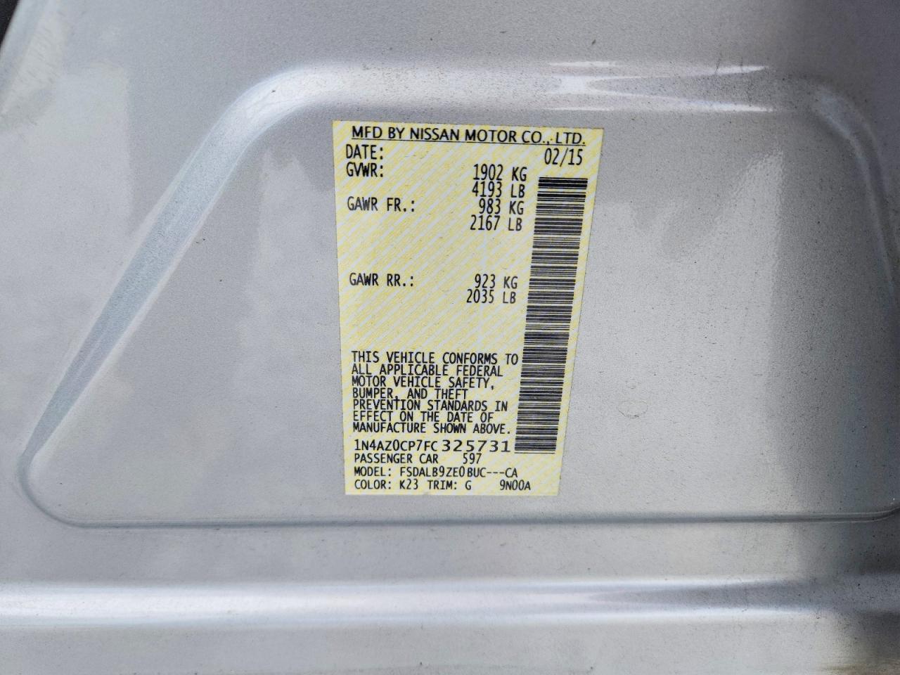 2015 Nissan Leaf S Silver vin: 1N4AZ0CP7FC325731