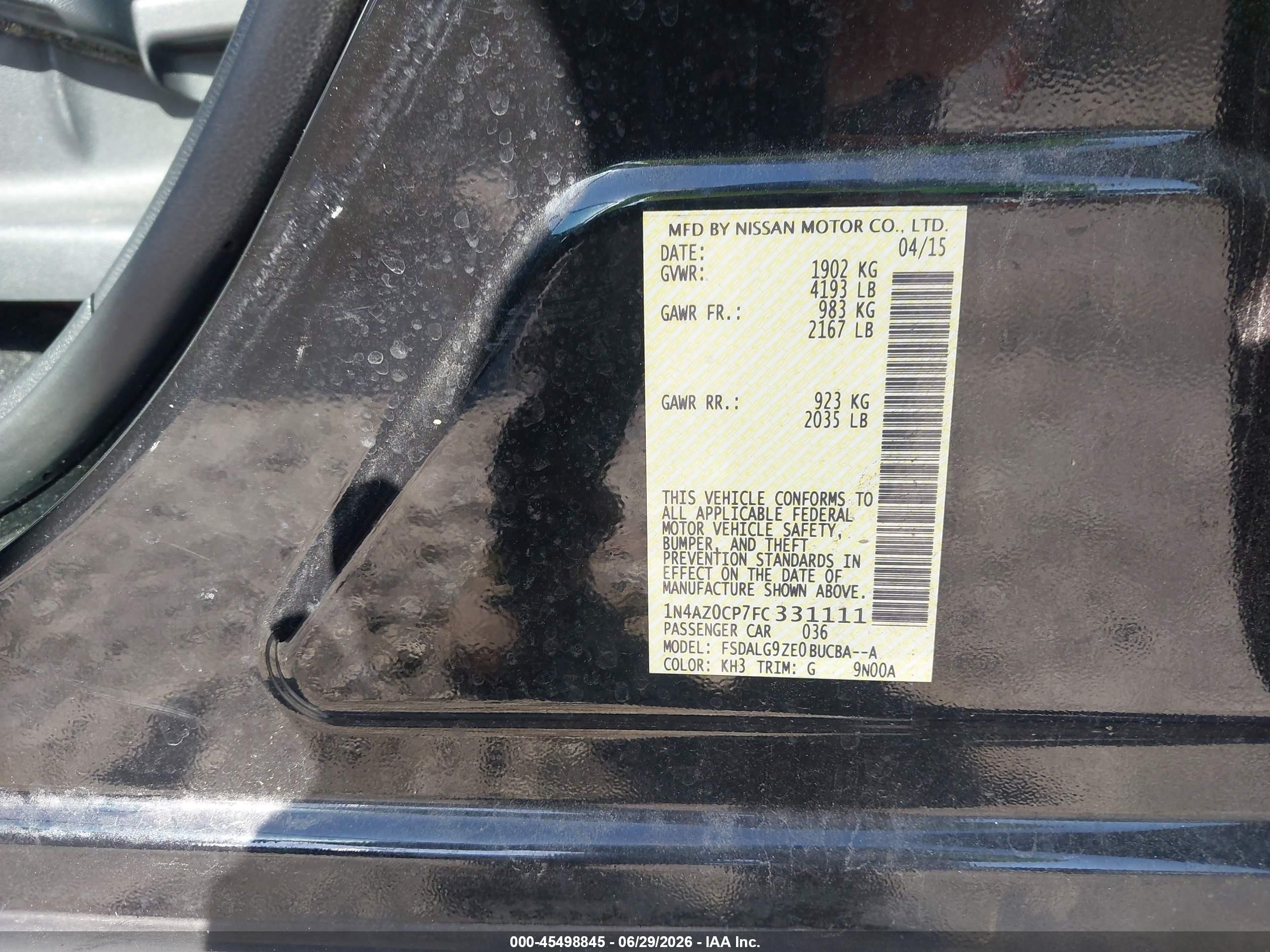 2015 Nissan Leaf Sl Black vin: 1N4AZ0CP7FC331111