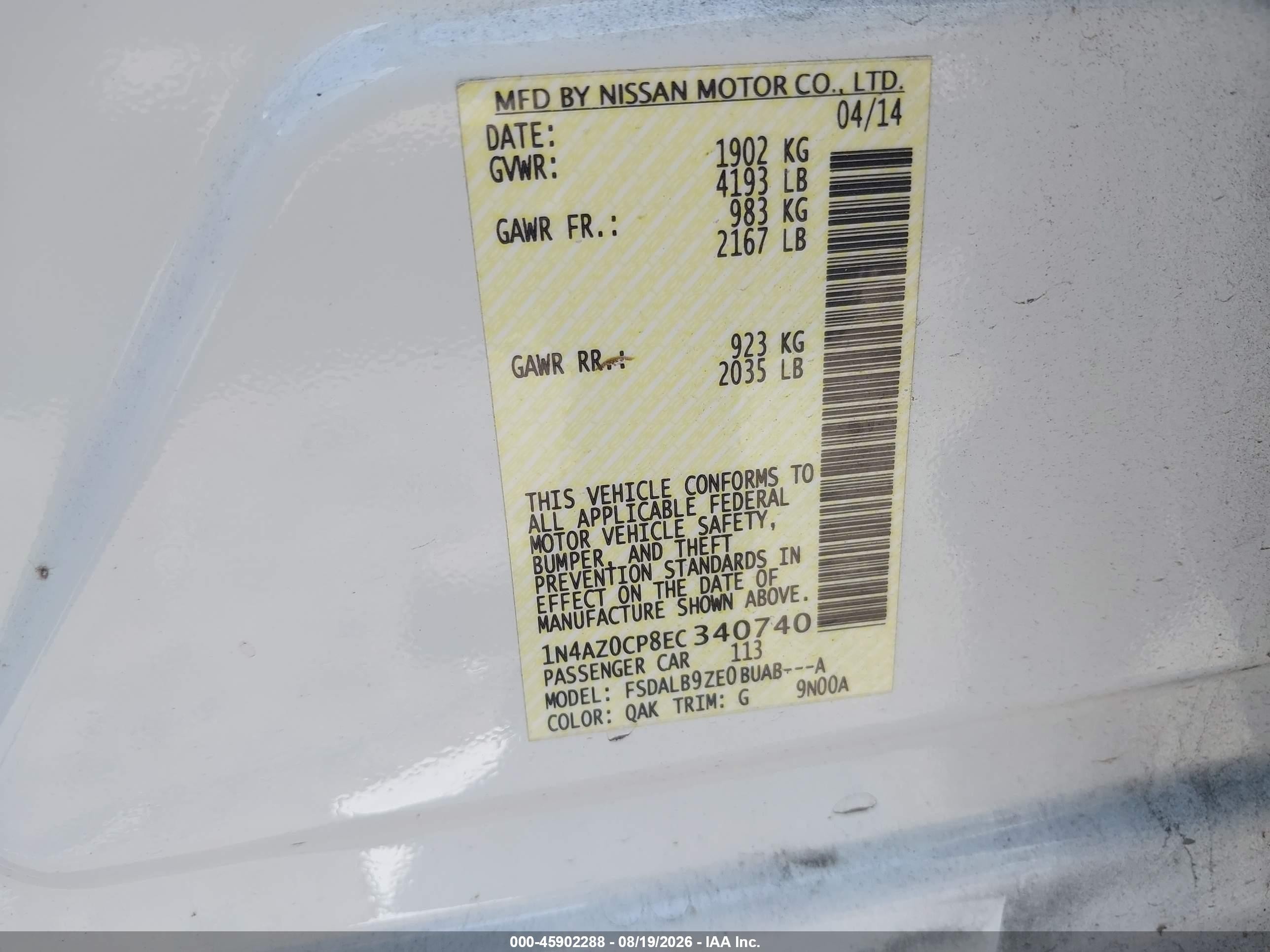 2014 Nissan Leaf S White vin: 1N4AZ0CP8EC340740