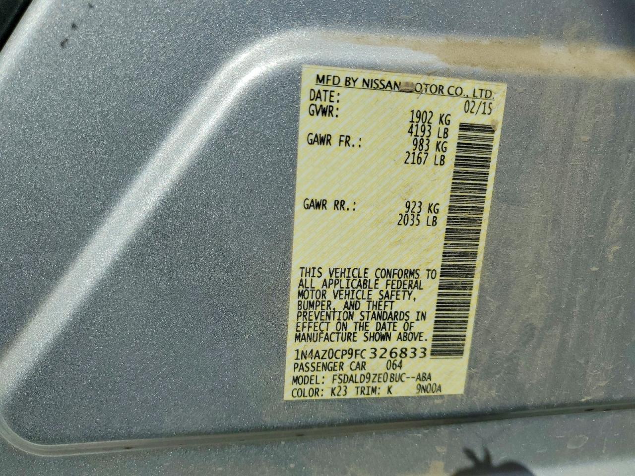2015 Nissan Leaf Sv Silver vin: 1N4AZ0CP9FC326833