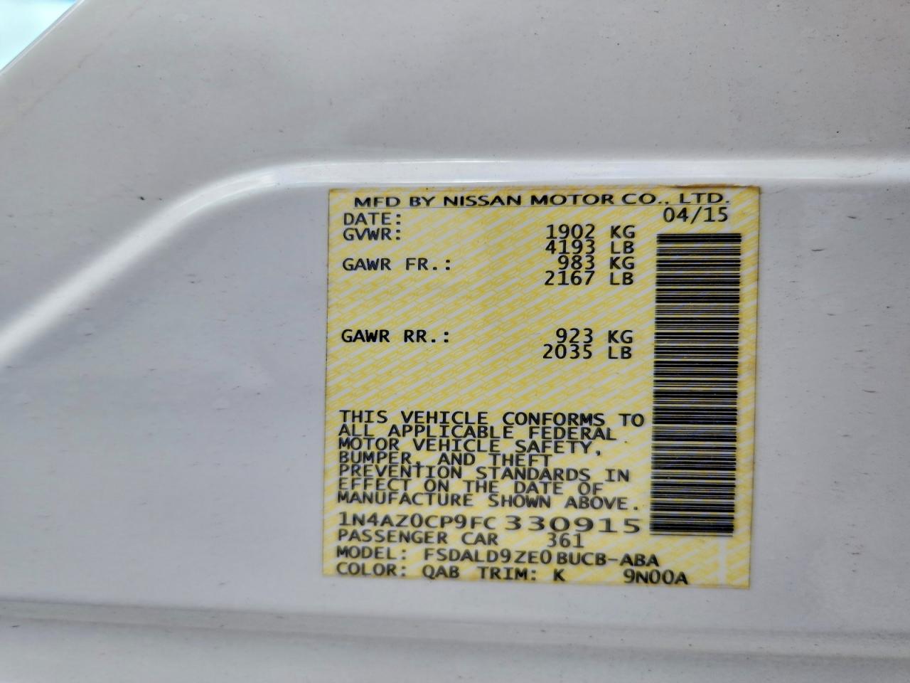 2015 Nissan Leaf Sv White vin: 1N4AZ0CP9FC330915