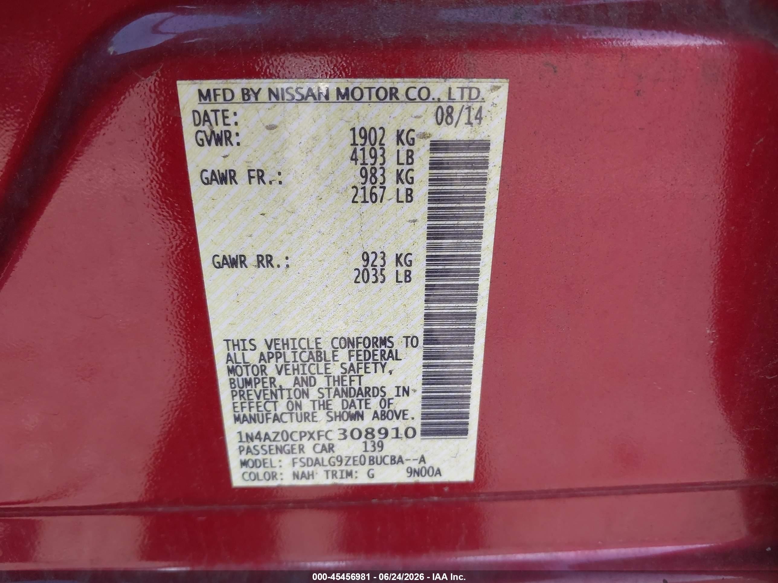 2015 Nissan Leaf Sl Red vin: 1N4AZ0CPXFC308910