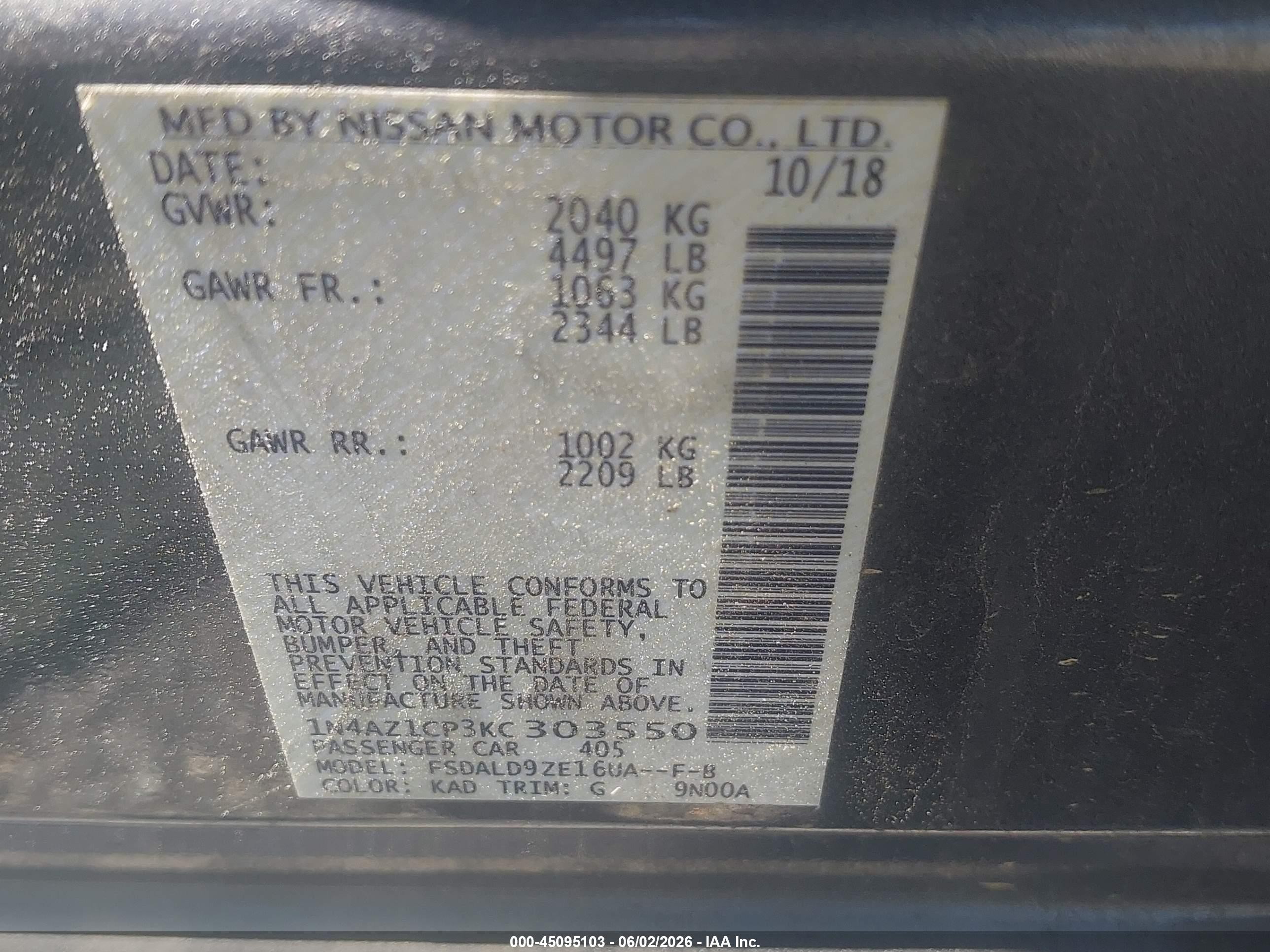 2019 Nissan Leaf Sv Gray vin: 1N4AZ1CP3KC303550