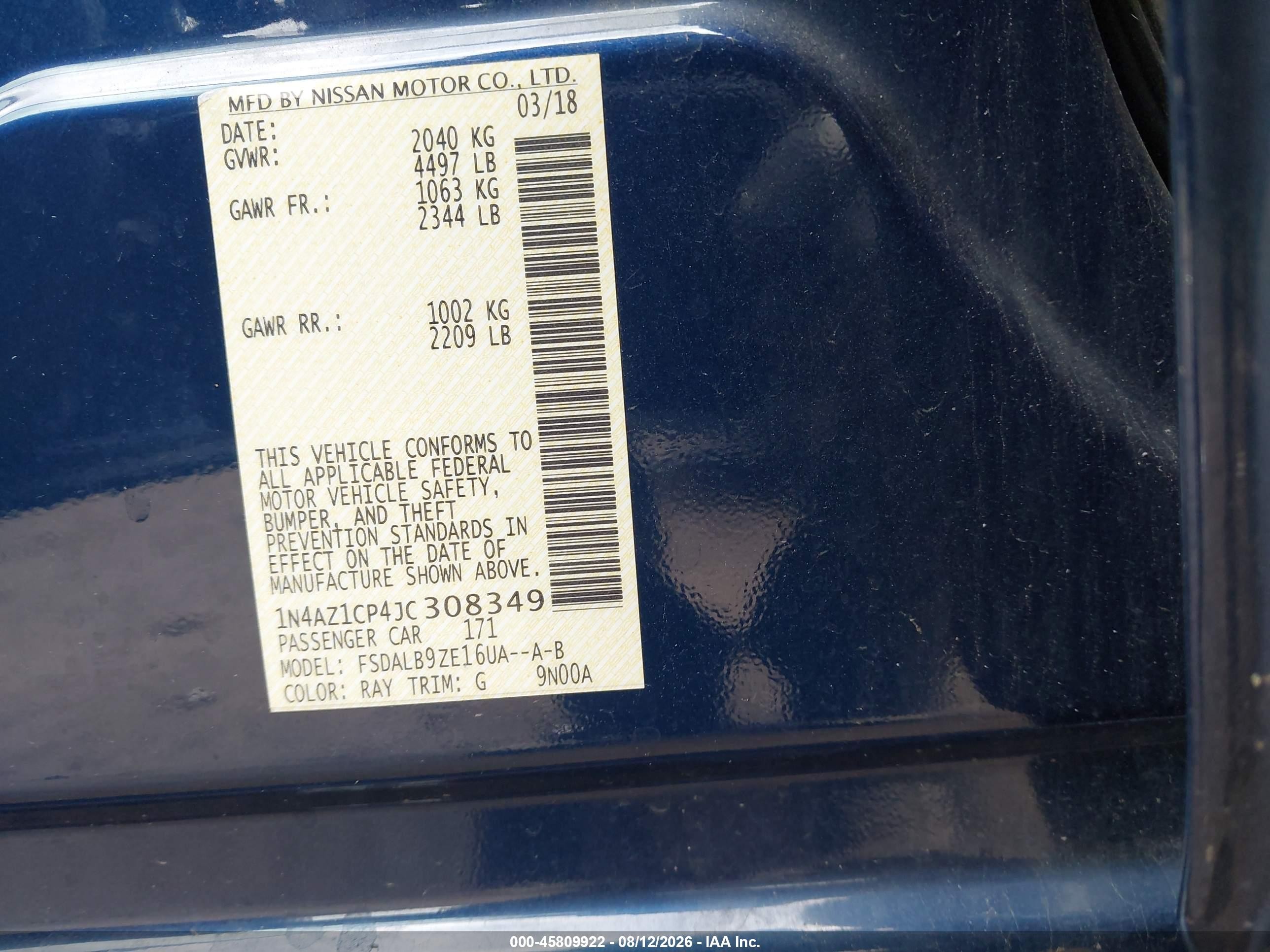 2018 Nissan Leaf S Blue vin: 1N4AZ1CP4JC308349