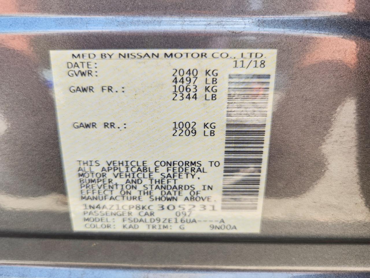 2019 Nissan Leaf Sv Gray vin: 1N4AZ1CP8KC305231