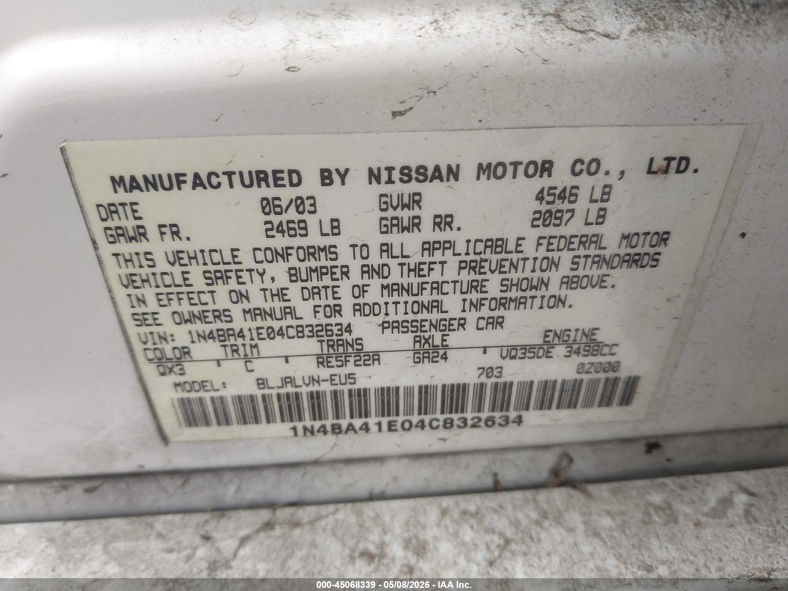 2004 Nissan Maxima 3.5 Se White vin: 1N4BA41E04C832634