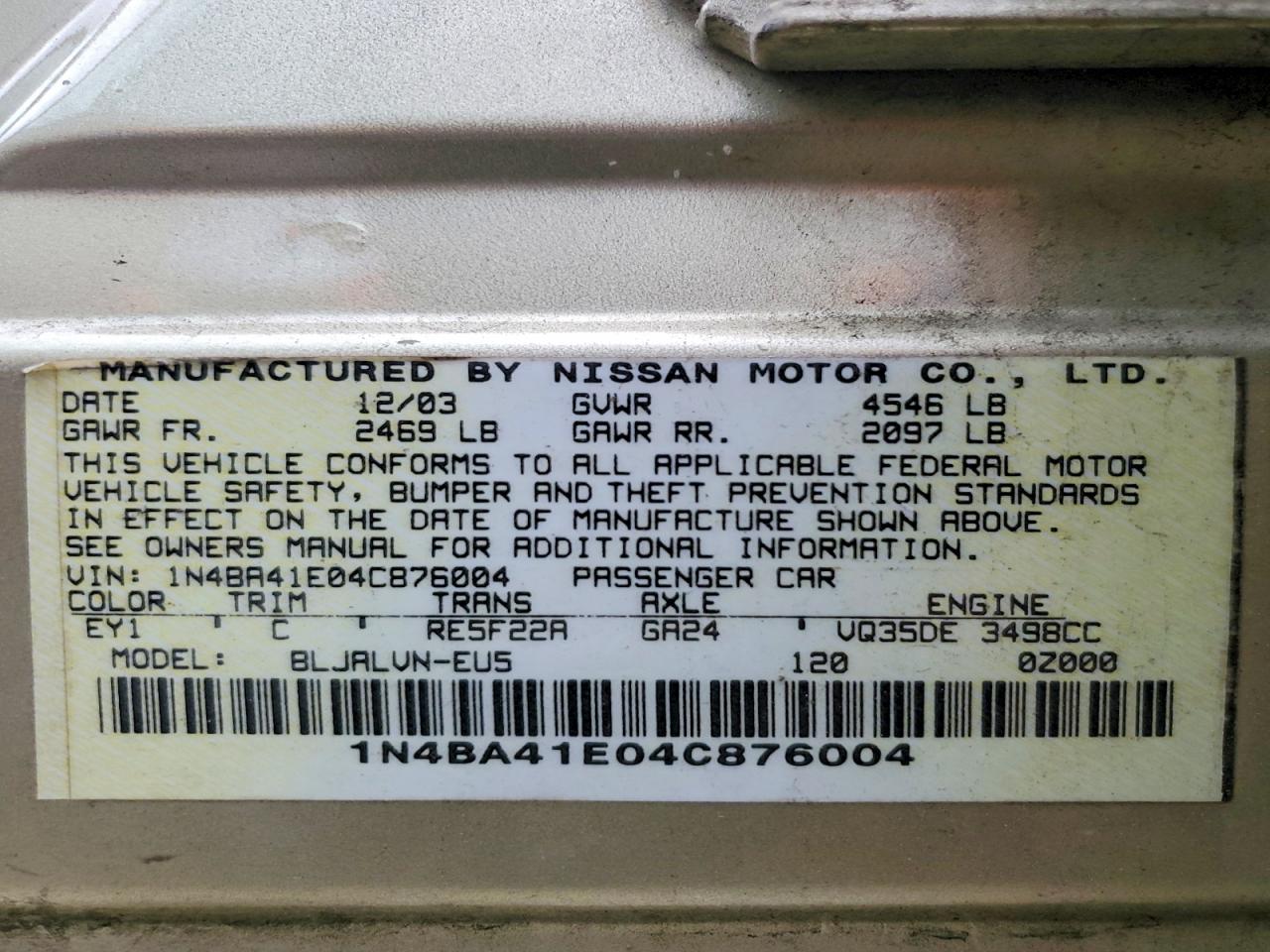 2004 Nissan Maxima 3.5 Se Золотой vin: 1N4BA41E04C876004