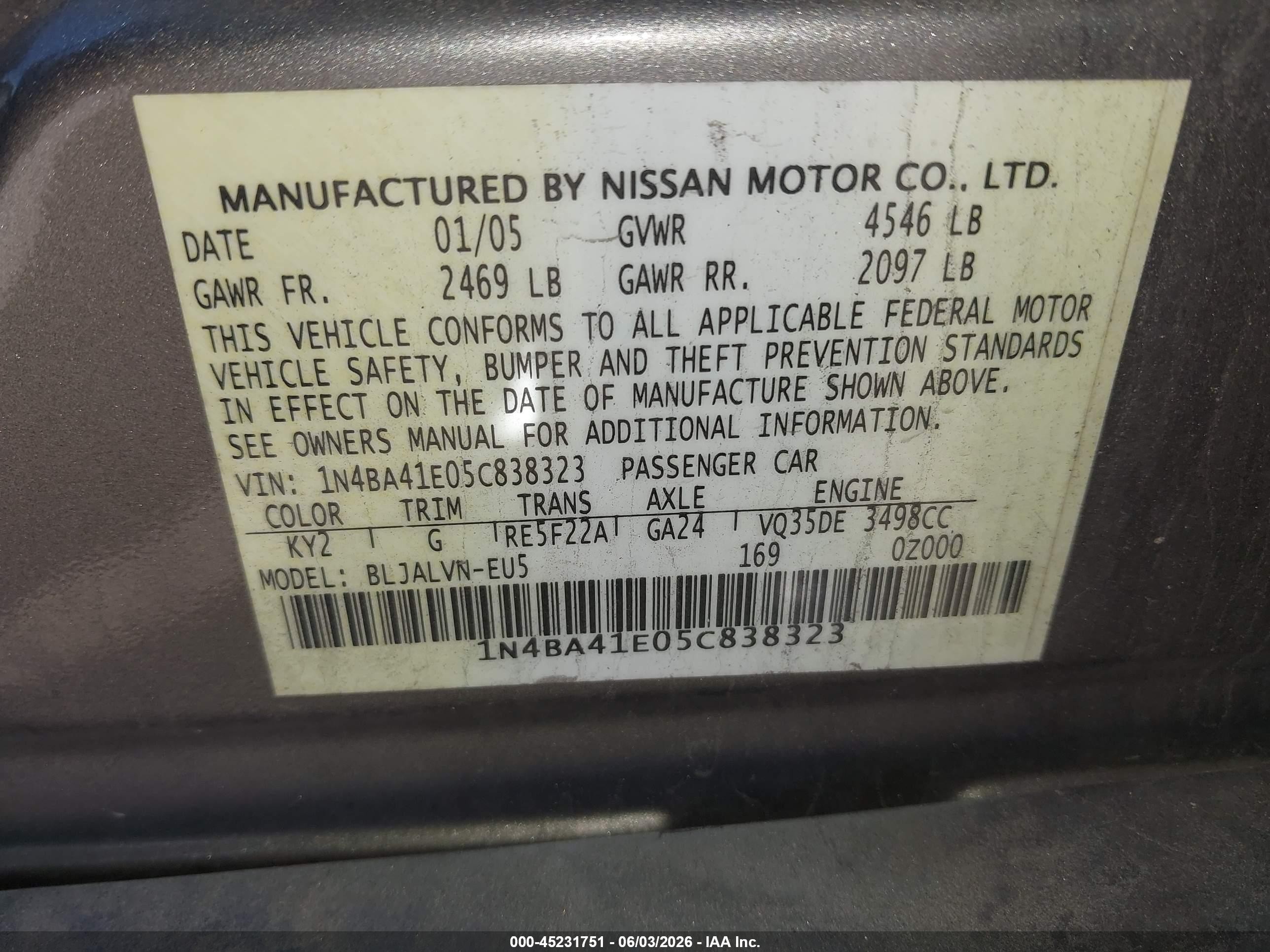 2005 Nissan Maxima 3.5 Sl Gray vin: 1N4BA41E05C838323