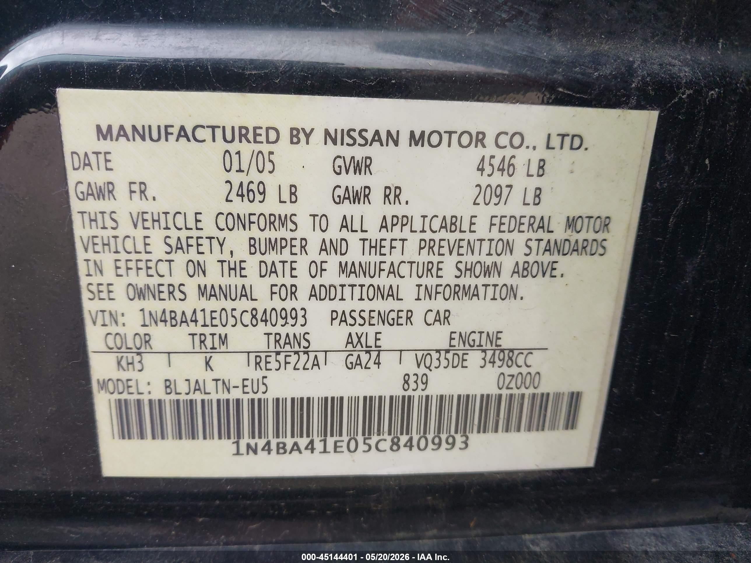 2005 Nissan Maxima 3.5 Se Black vin: 1N4BA41E05C840993
