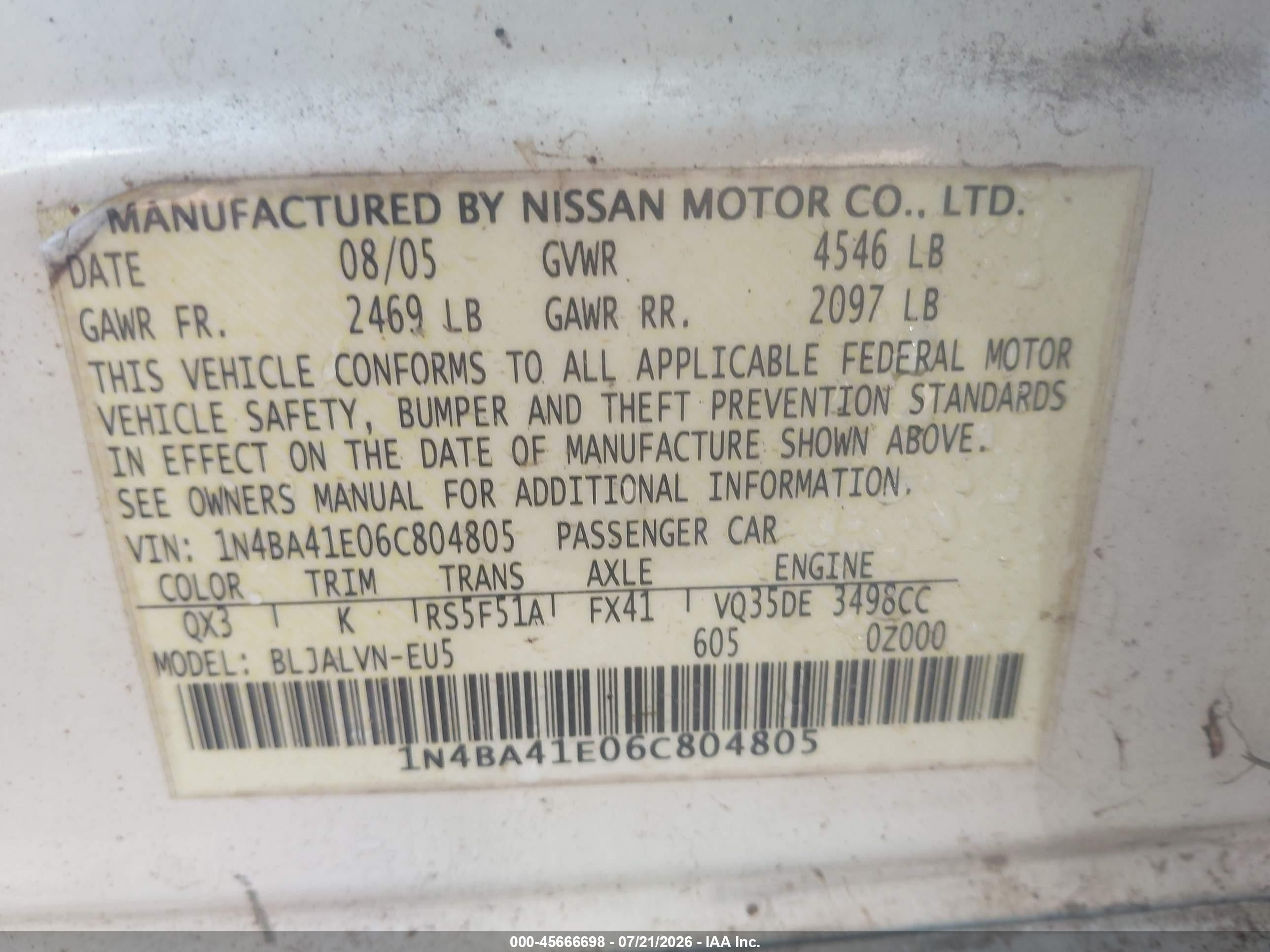 2006 Nissan Maxima 3.5 Se White vin: 1N4BA41E06C804805