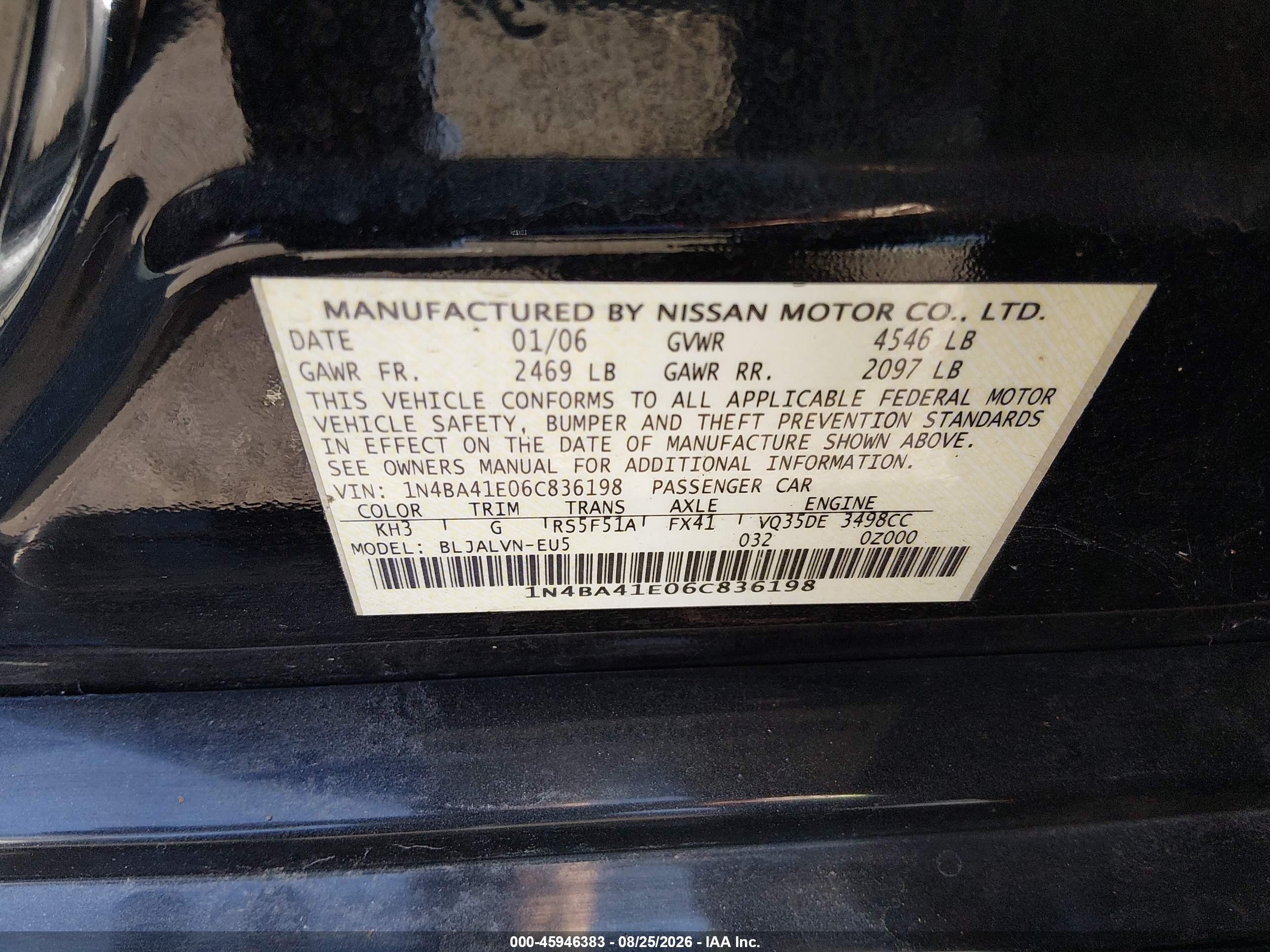 2006 Nissan Maxima 3.5 Se Black vin: 1N4BA41E06C836198