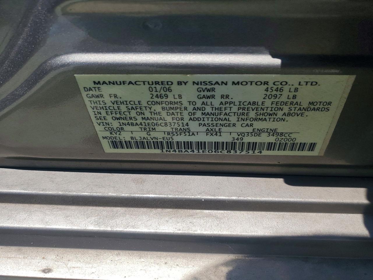 2006 Nissan Maxima 3.5 Se Silver vin: 1N4BA41E06C837514