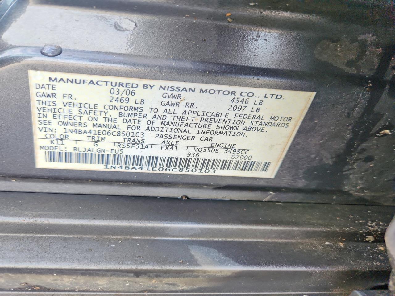 2006 Nissan Maxima 3.5 Se Серый vin: 1N4BA41E06C850103