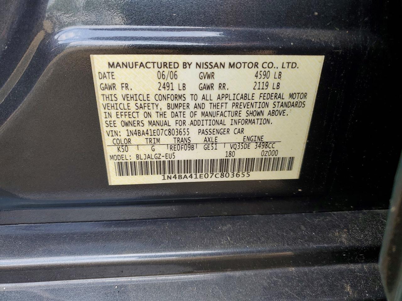 2007 Nissan Maxima 3.5 Se Gray vin: 1N4BA41E07C803655