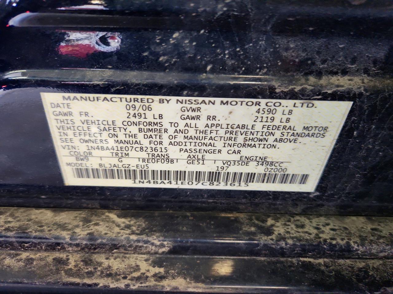 2007 Nissan Maxima 3.5 Se Blue vin: 1N4BA41E07C823615