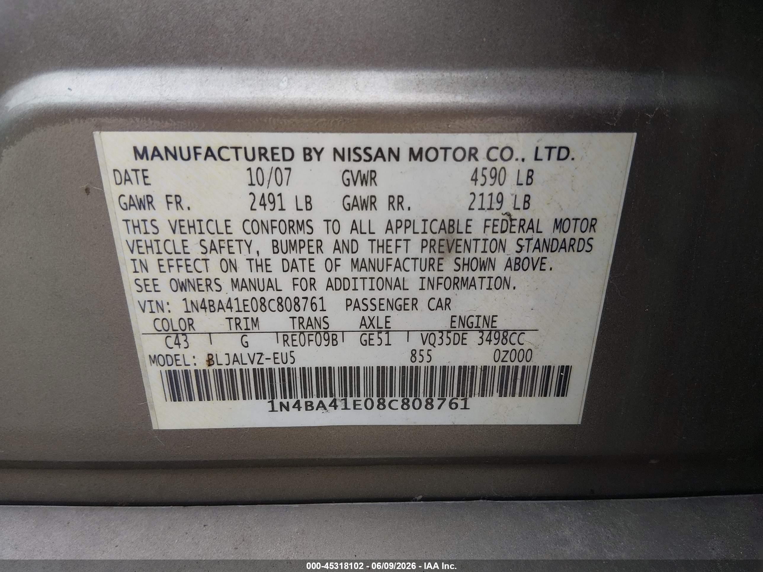 2008 Nissan Maxima 3.5 Se Brown vin: 1N4BA41E08C808761