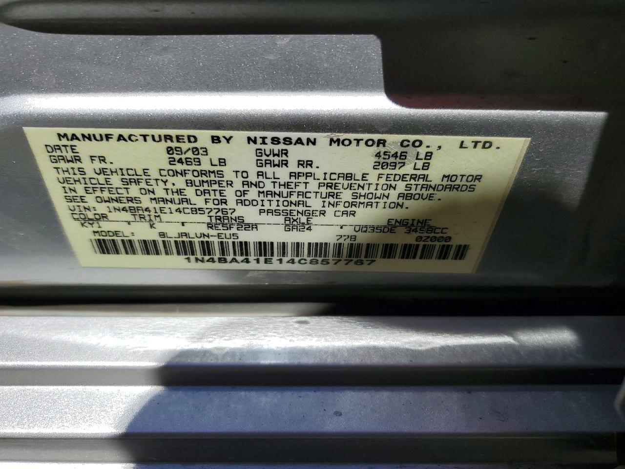 2004 Nissan Maxima 3.5 Se Серебряный vin: 1N4BA41E14C857767