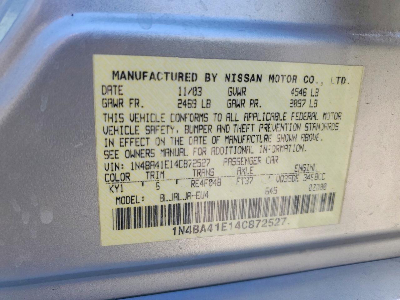 2004 Nissan Maxima 3.5 Se Silver vin: 1N4BA41E14C872527