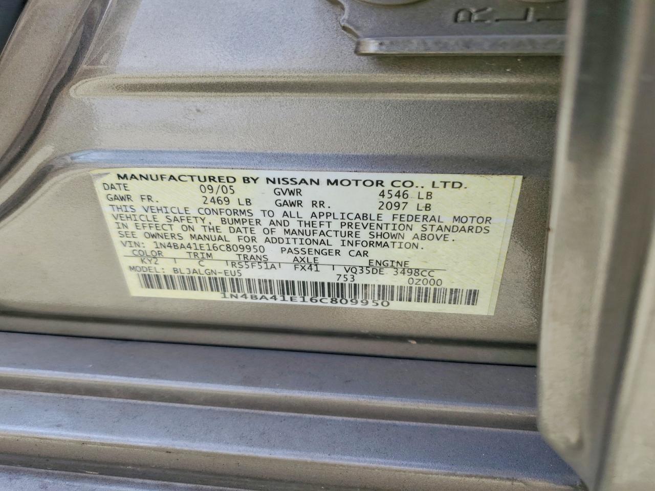 2006 Nissan Maxima 3.5 Se Tan vin: 1N4BA41E16C809950