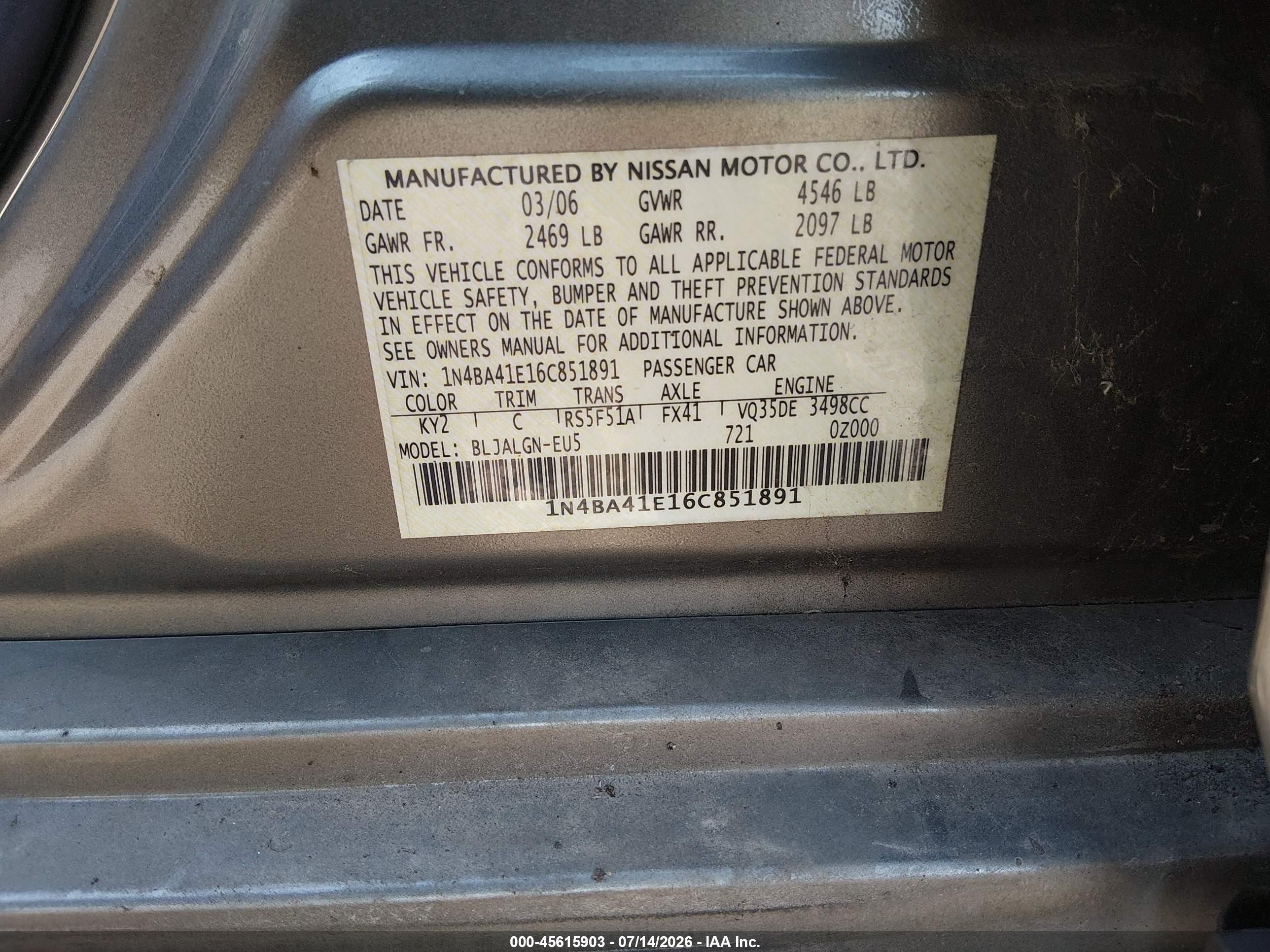 2006 Nissan Maxima 3.5 Sl Gray vin: 1N4BA41E16C851891