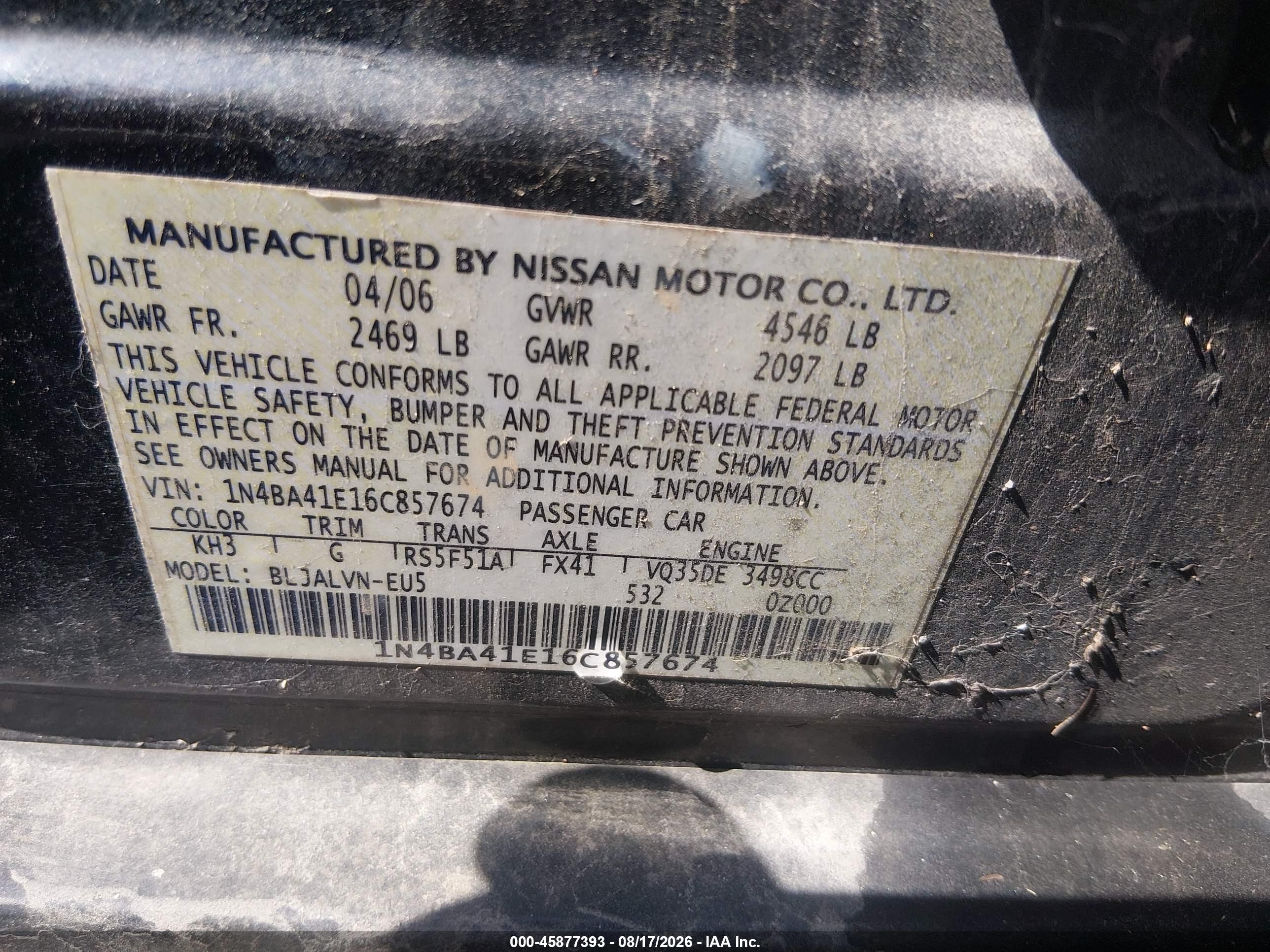 2006 Nissan Maxima 3.5 Se Black vin: 1N4BA41E16C857674