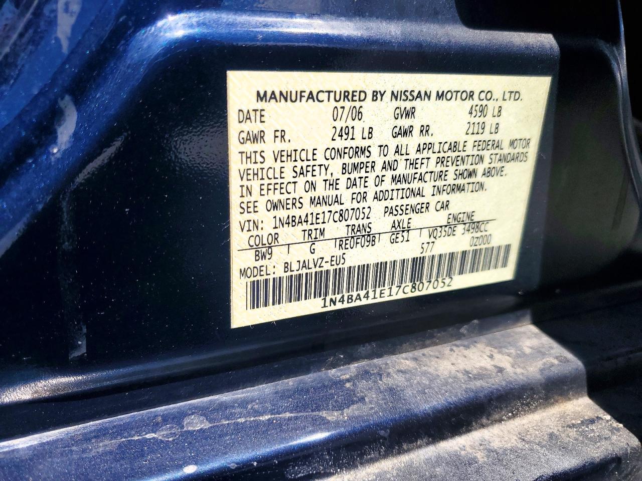 2007 Nissan Maxima 3.5 Se Черный vin: 1N4BA41E17C807052