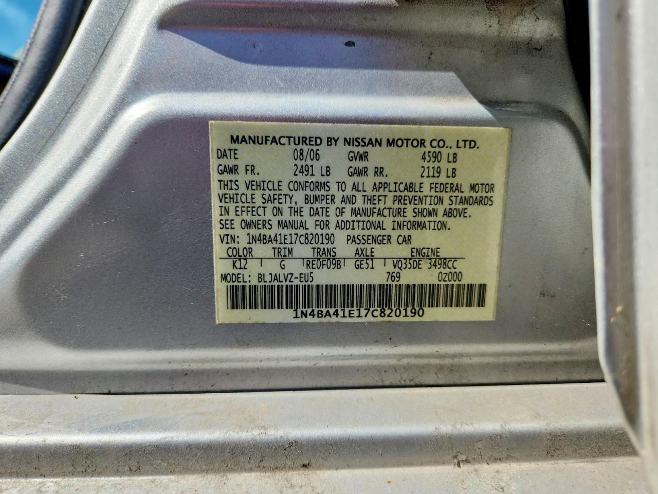 2007 Nissan Maxima 3.5 Se Silver vin: 1N4BA41E17C820190