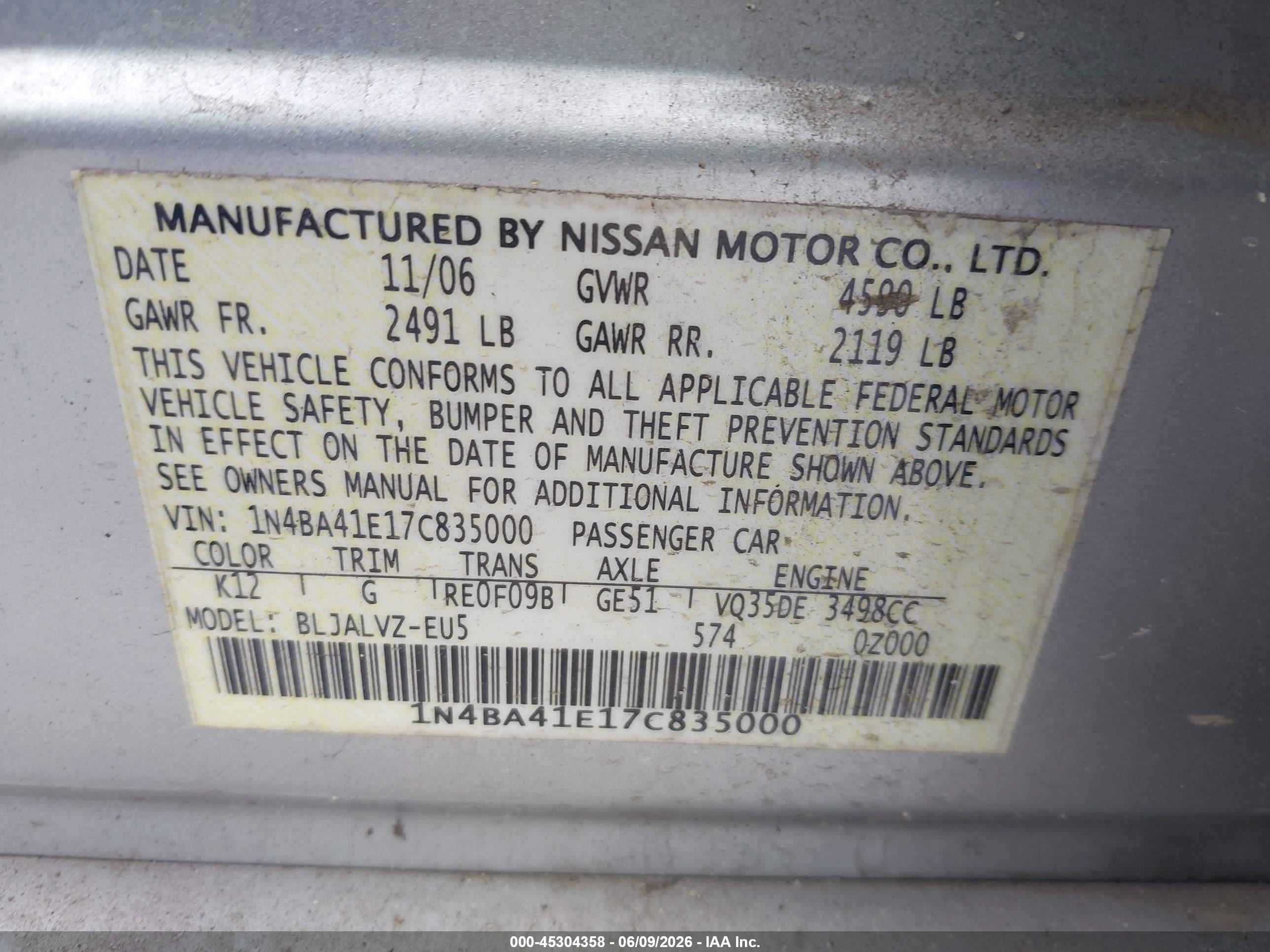 2007 Nissan Maxima Se/sl Silver vin: 1N4BA41E17C835000