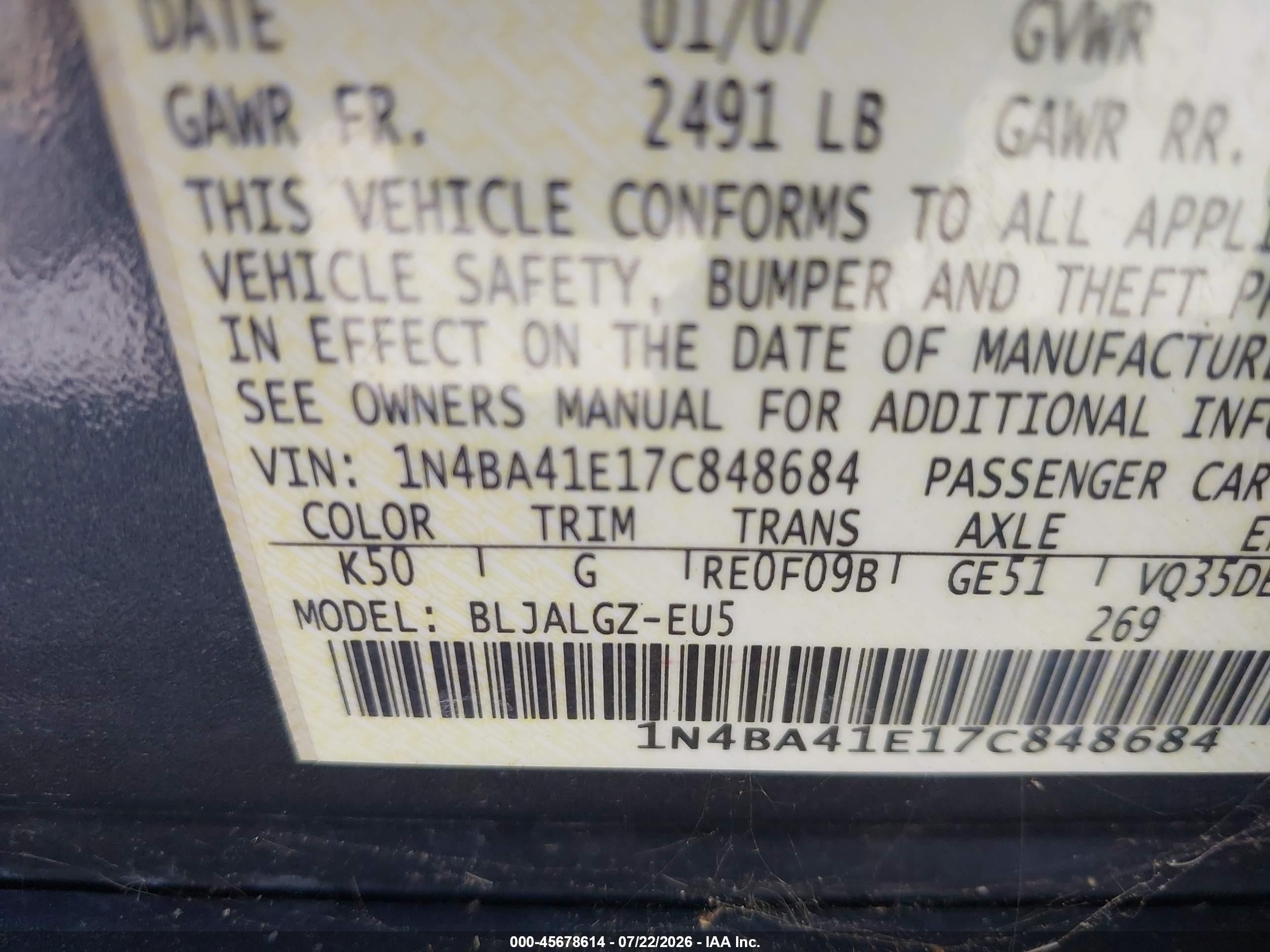 2007 Nissan Maxima 3.5 Sl Gray vin: 1N4BA41E17C848684