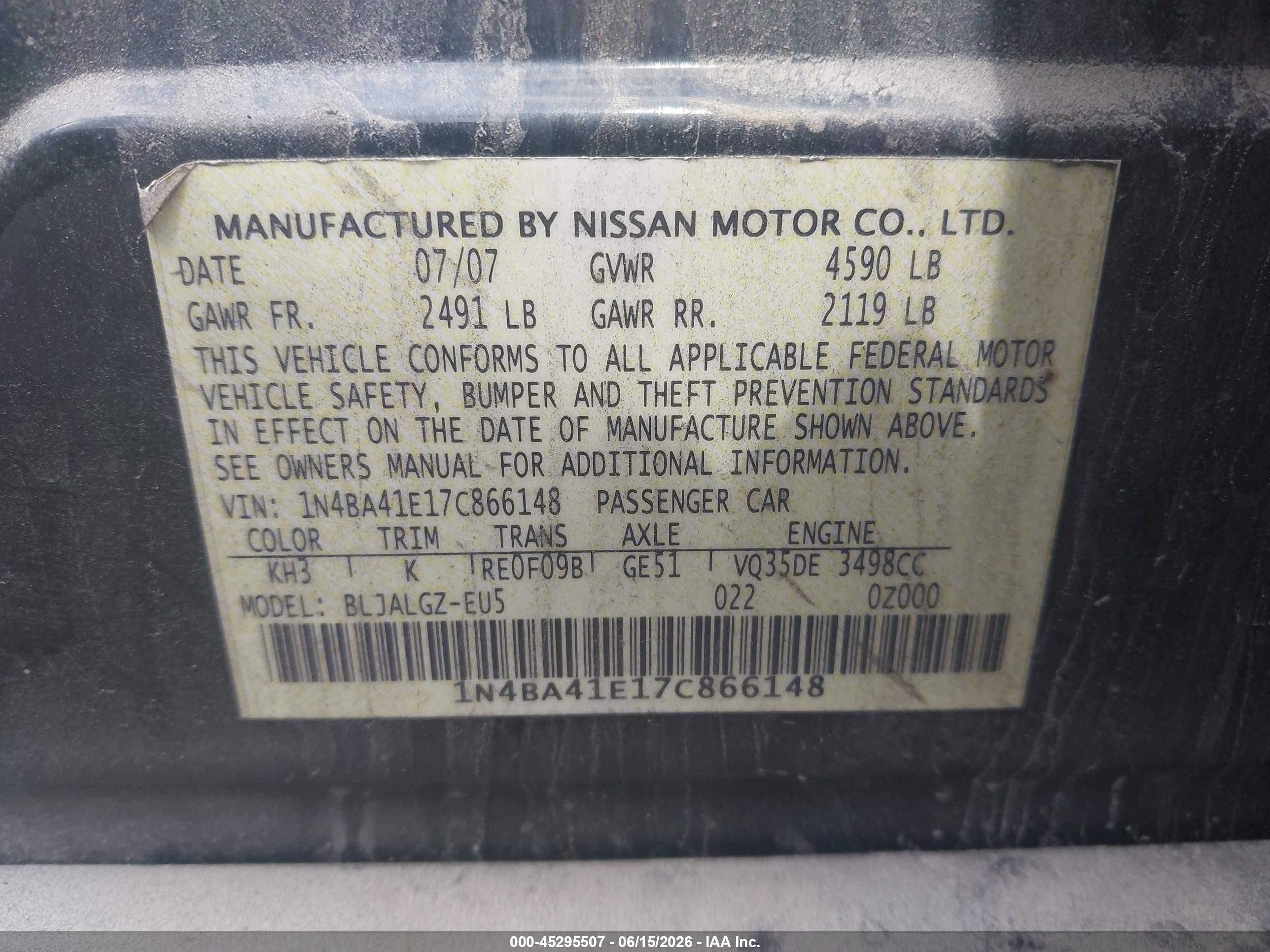 2007 Nissan Maxima 3.5 Sl Black vin: 1N4BA41E17C866148