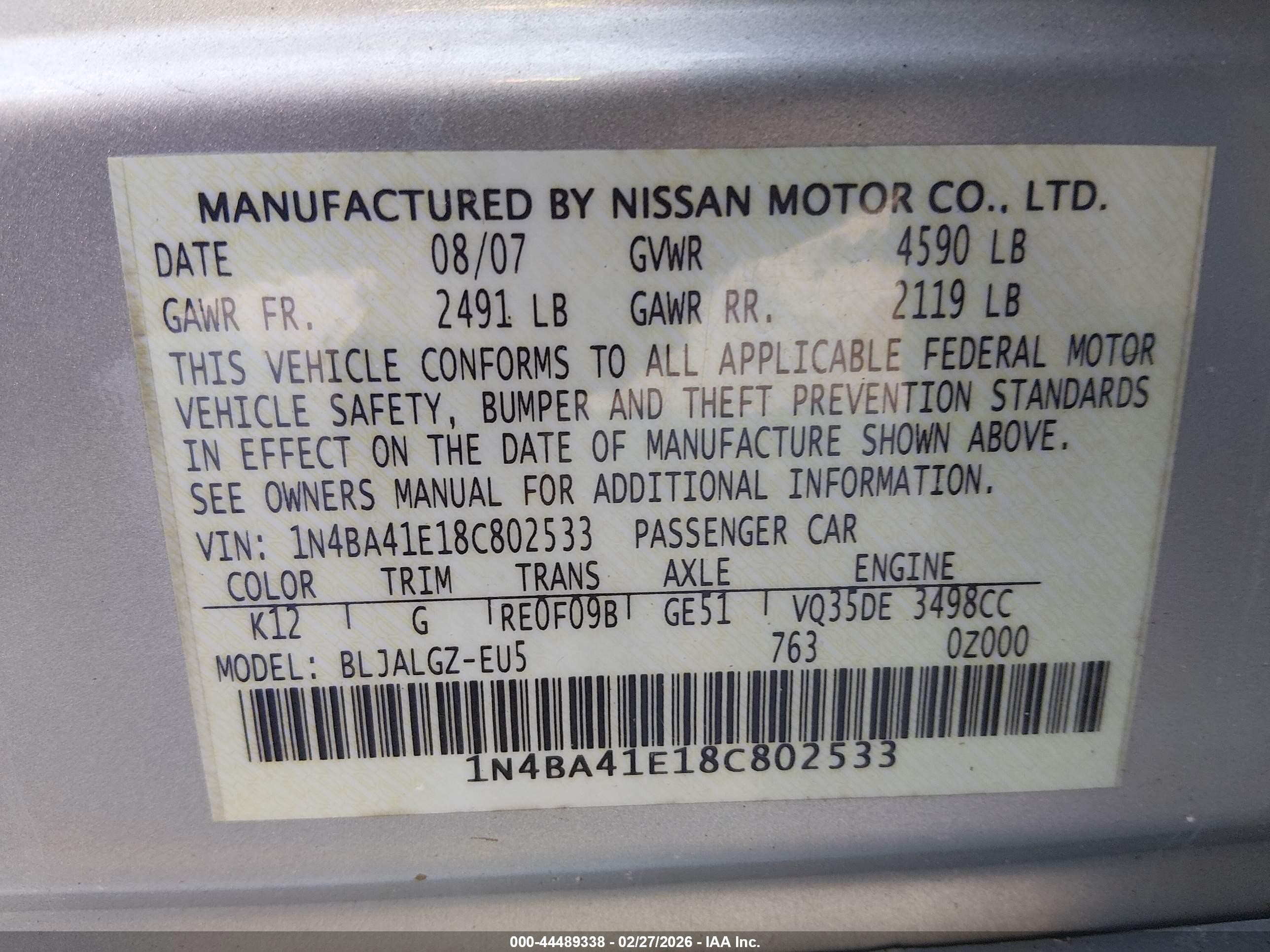 2008 Nissan Maxima 3.5 Sl Серебряный vin: 1N4BA41E18C802533