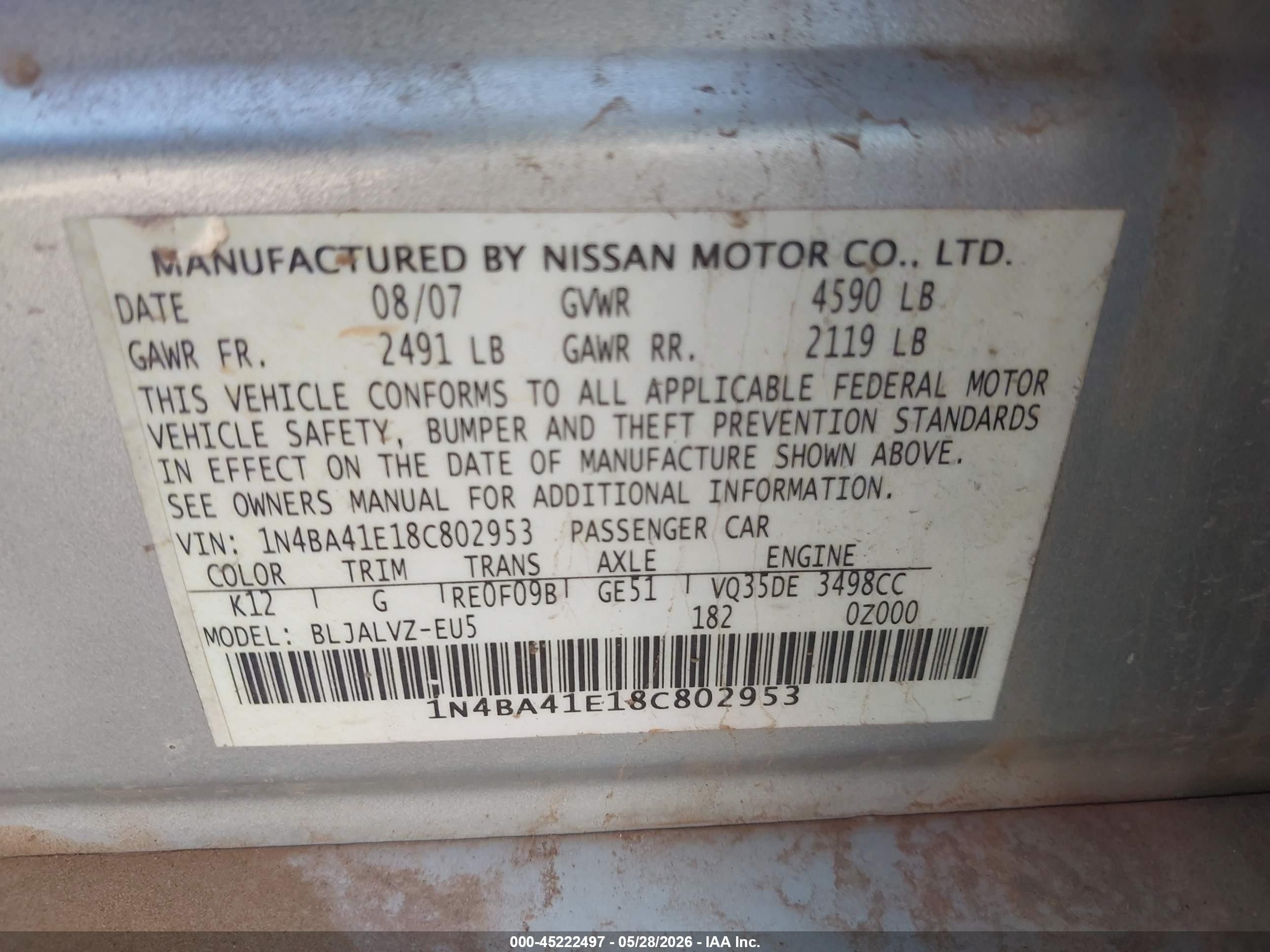 2008 Nissan Maxima 3.5 Se Silver vin: 1N4BA41E18C802953