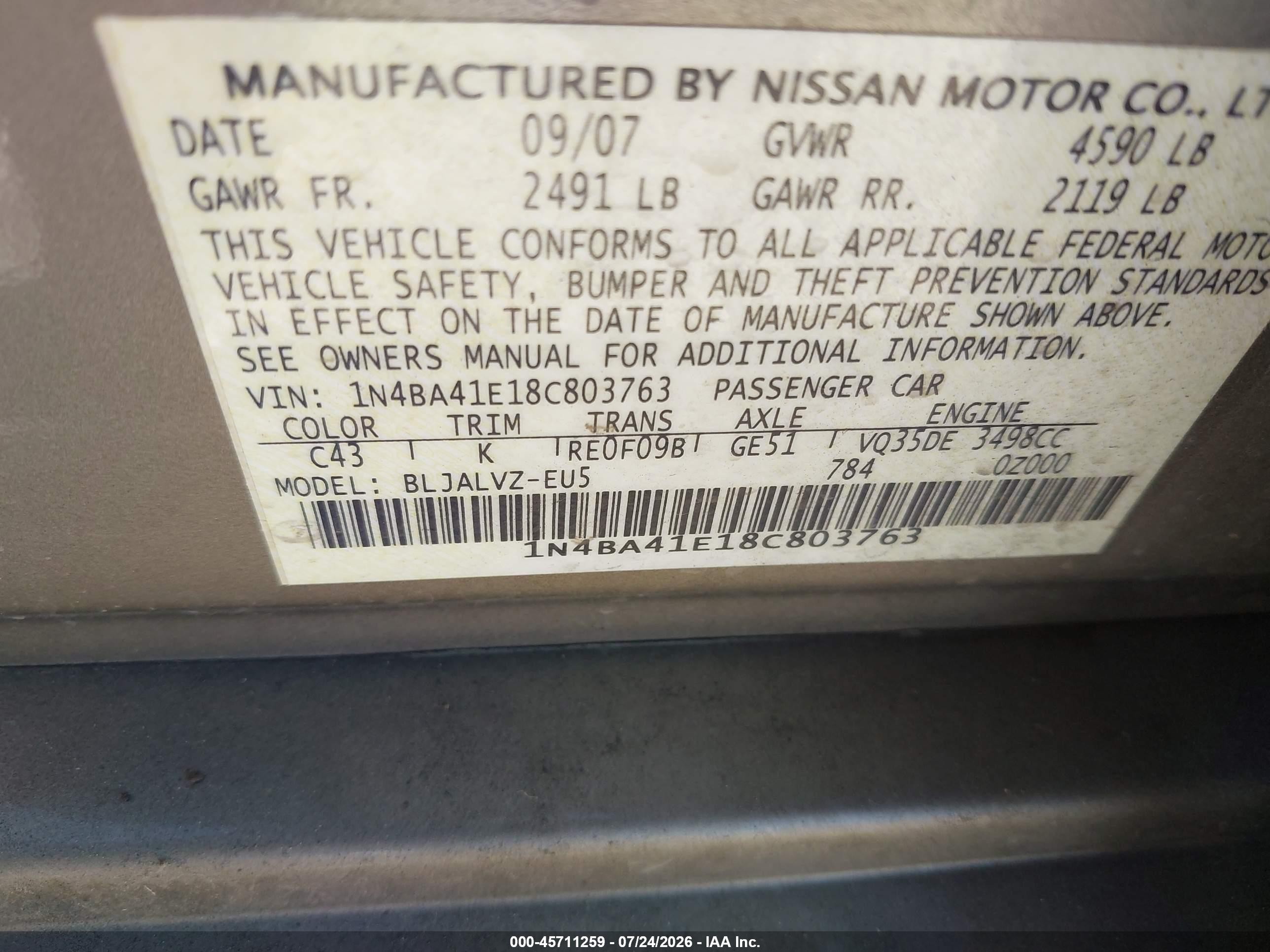 2008 Nissan Maxima 3.5 Se Gold vin: 1N4BA41E18C803763