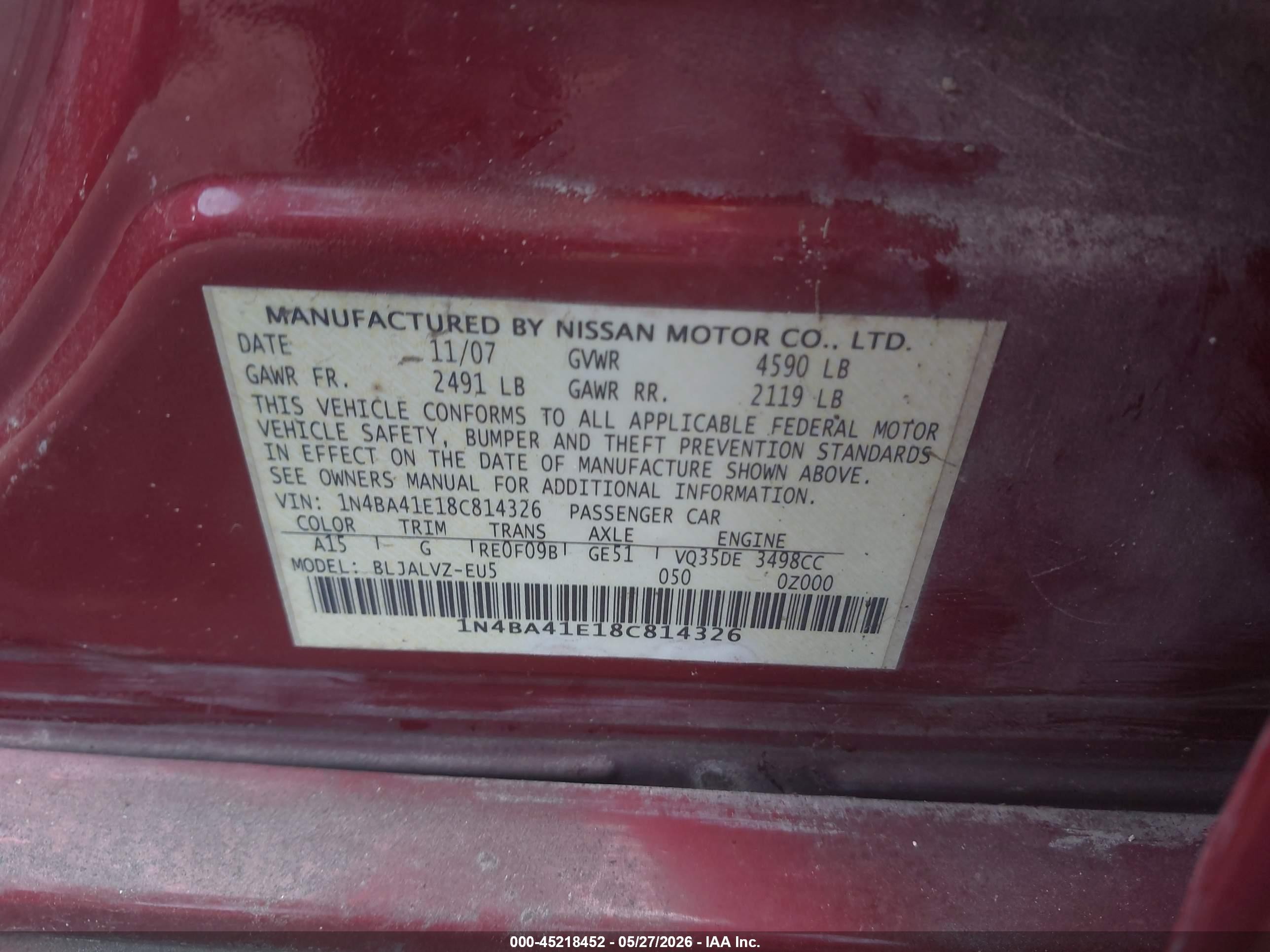 2008 Nissan Maxima 3.5 Se Red vin: 1N4BA41E18C814326