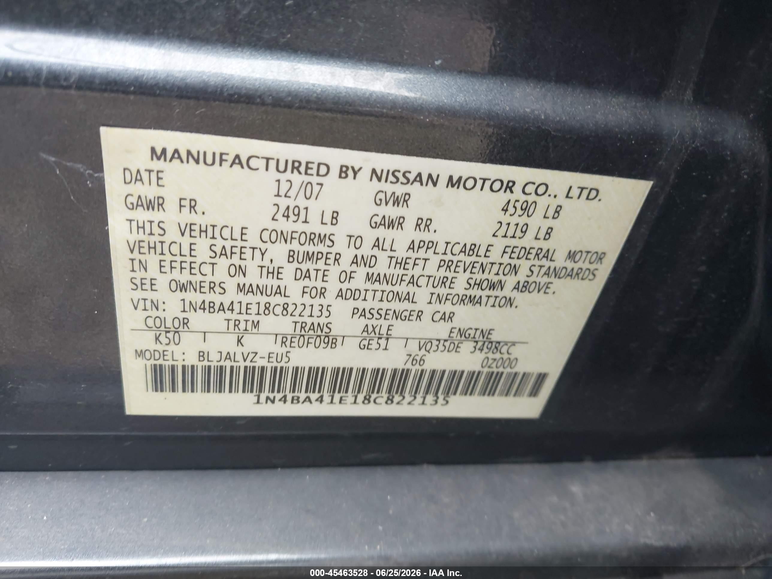 2008 Nissan Maxima 3.5 Se Gray vin: 1N4BA41E18C822135