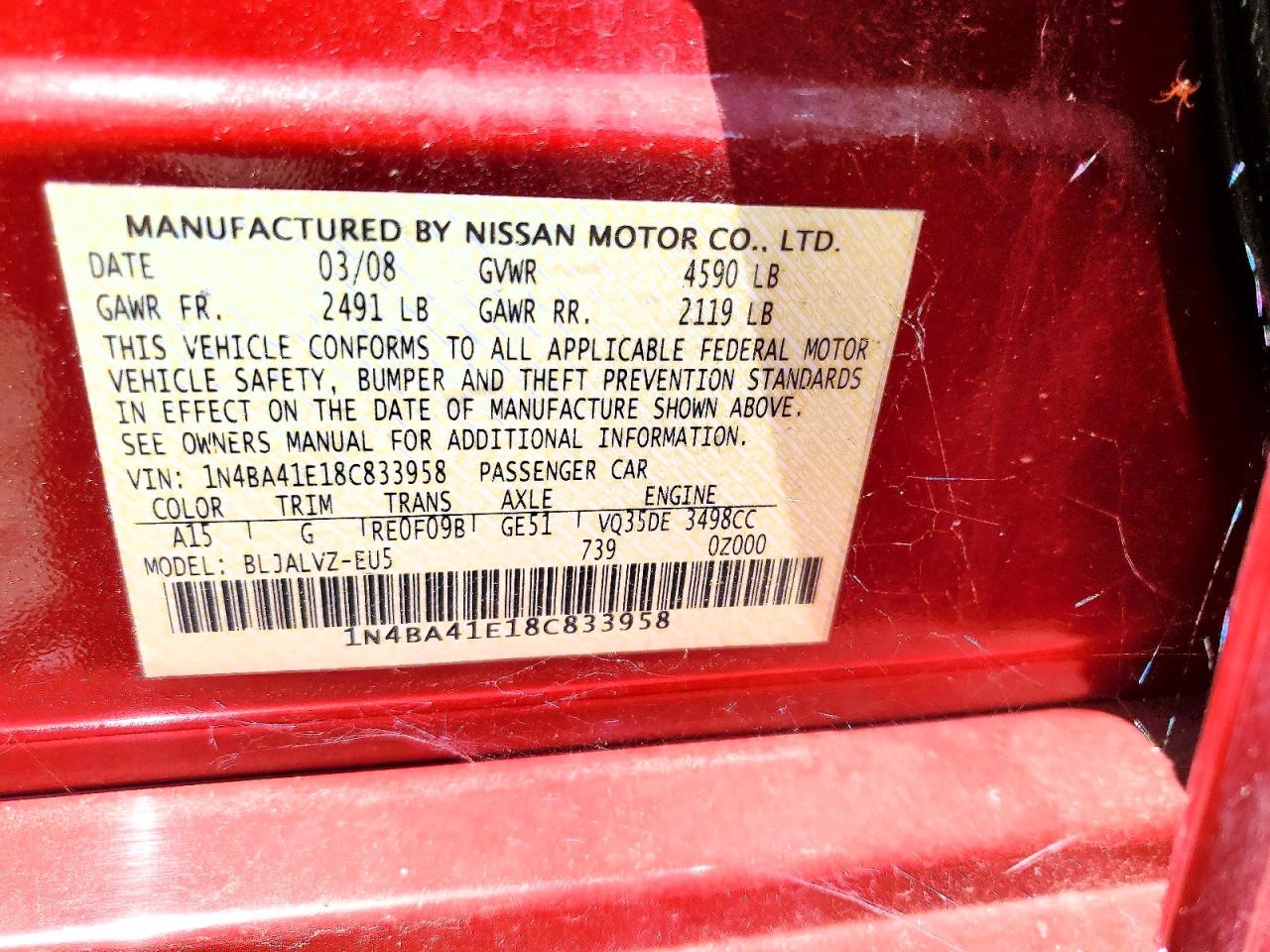 2008 Nissan Maxima 3.5 Se Red vin: 1N4BA41E18C833958
