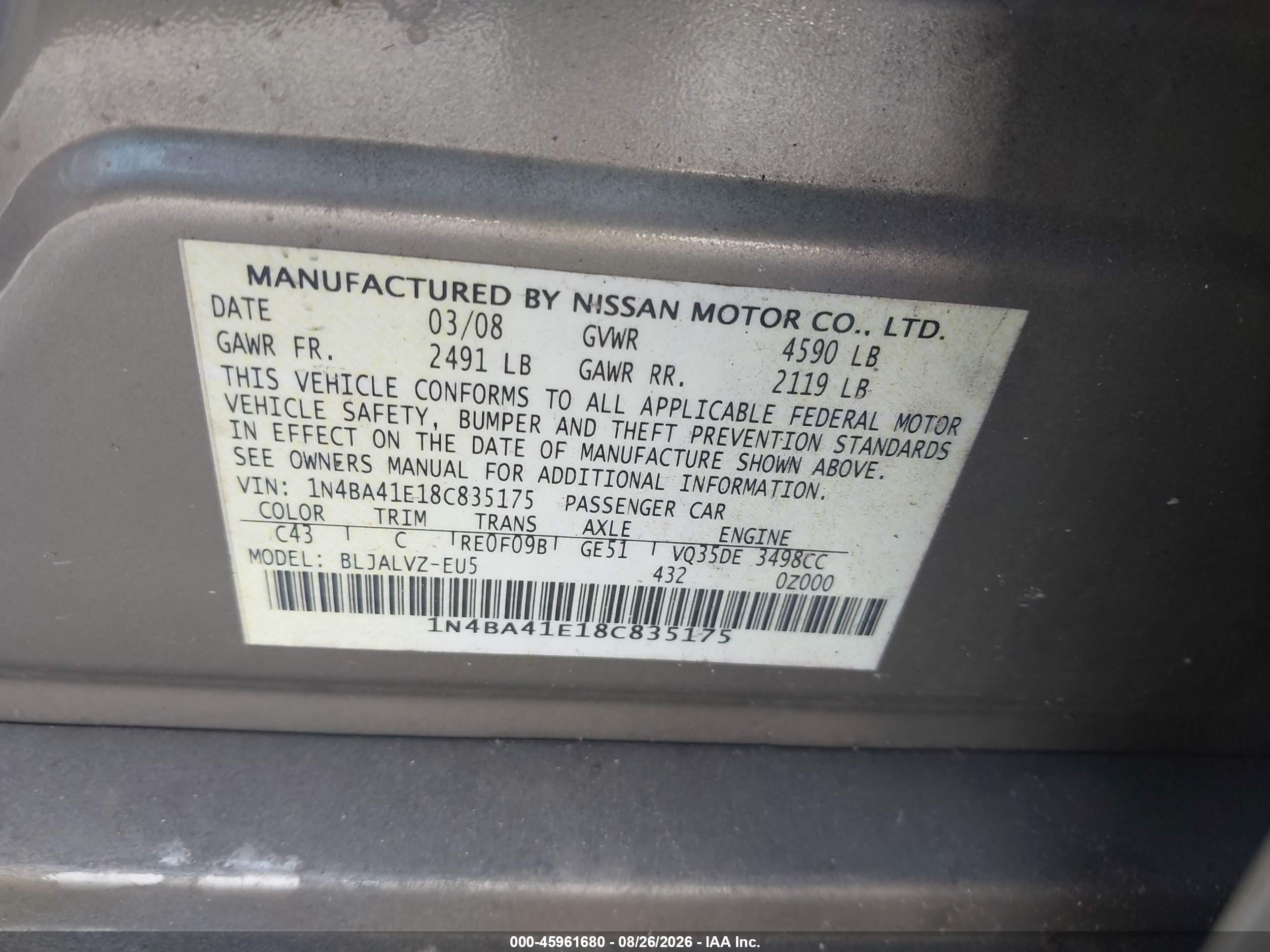 2008 Nissan Maxima 3.5 Se Gold vin: 1N4BA41E18C835175