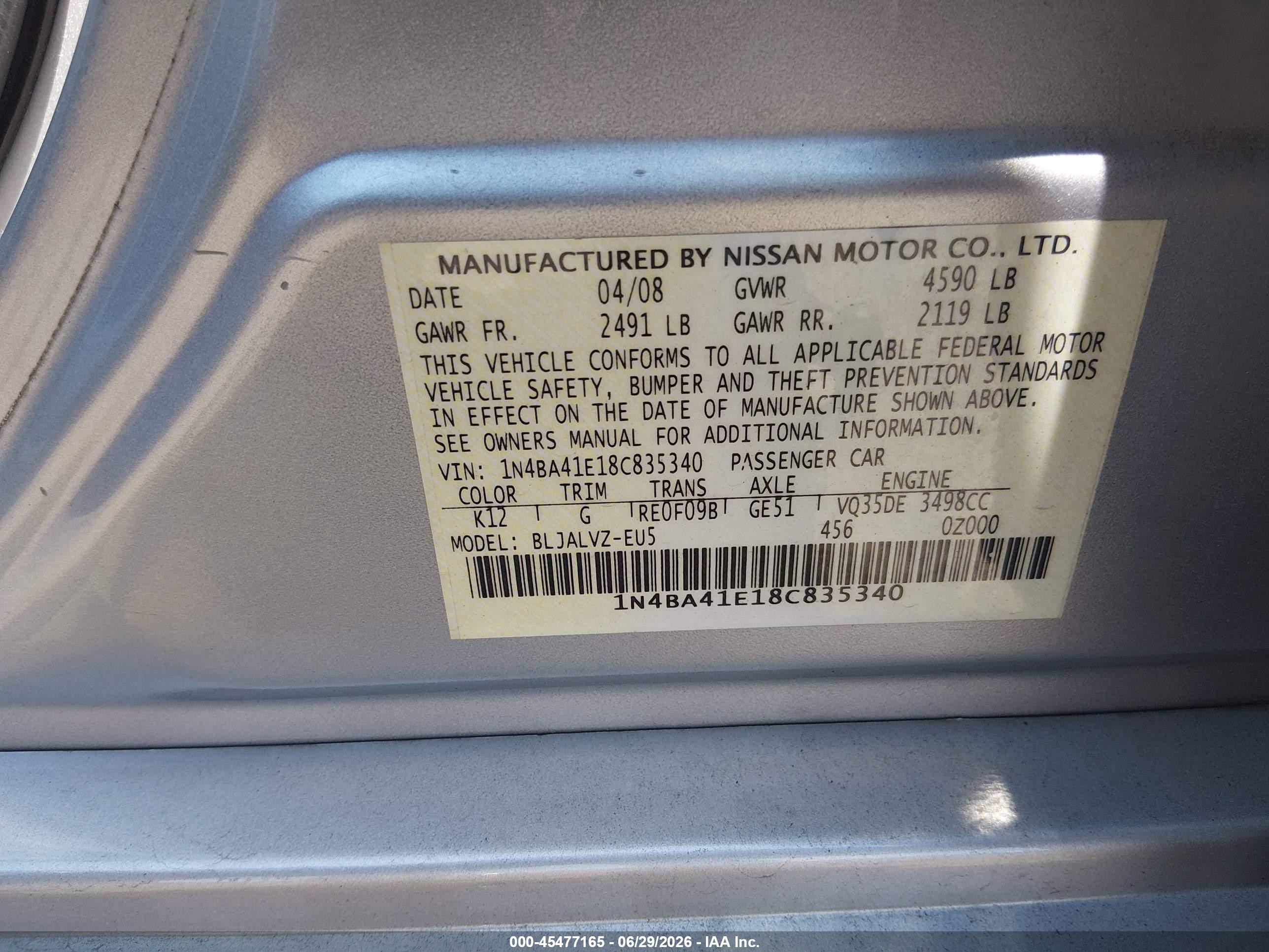 2008 Nissan Maxima 3.5 Se Silver vin: 1N4BA41E18C835340