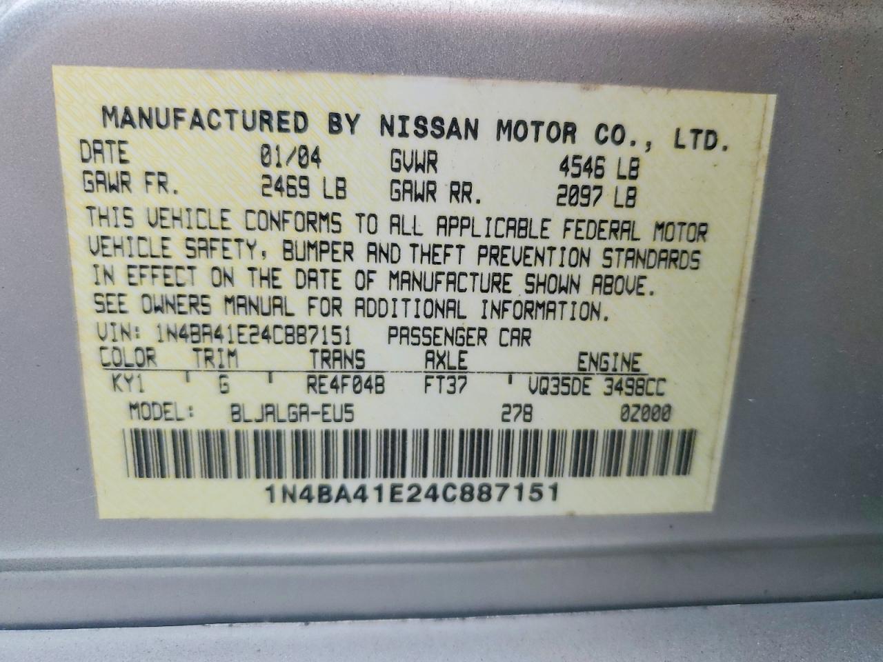 2004 Nissan Maxima 3.5 Se Silver vin: 1N4BA41E24C887151