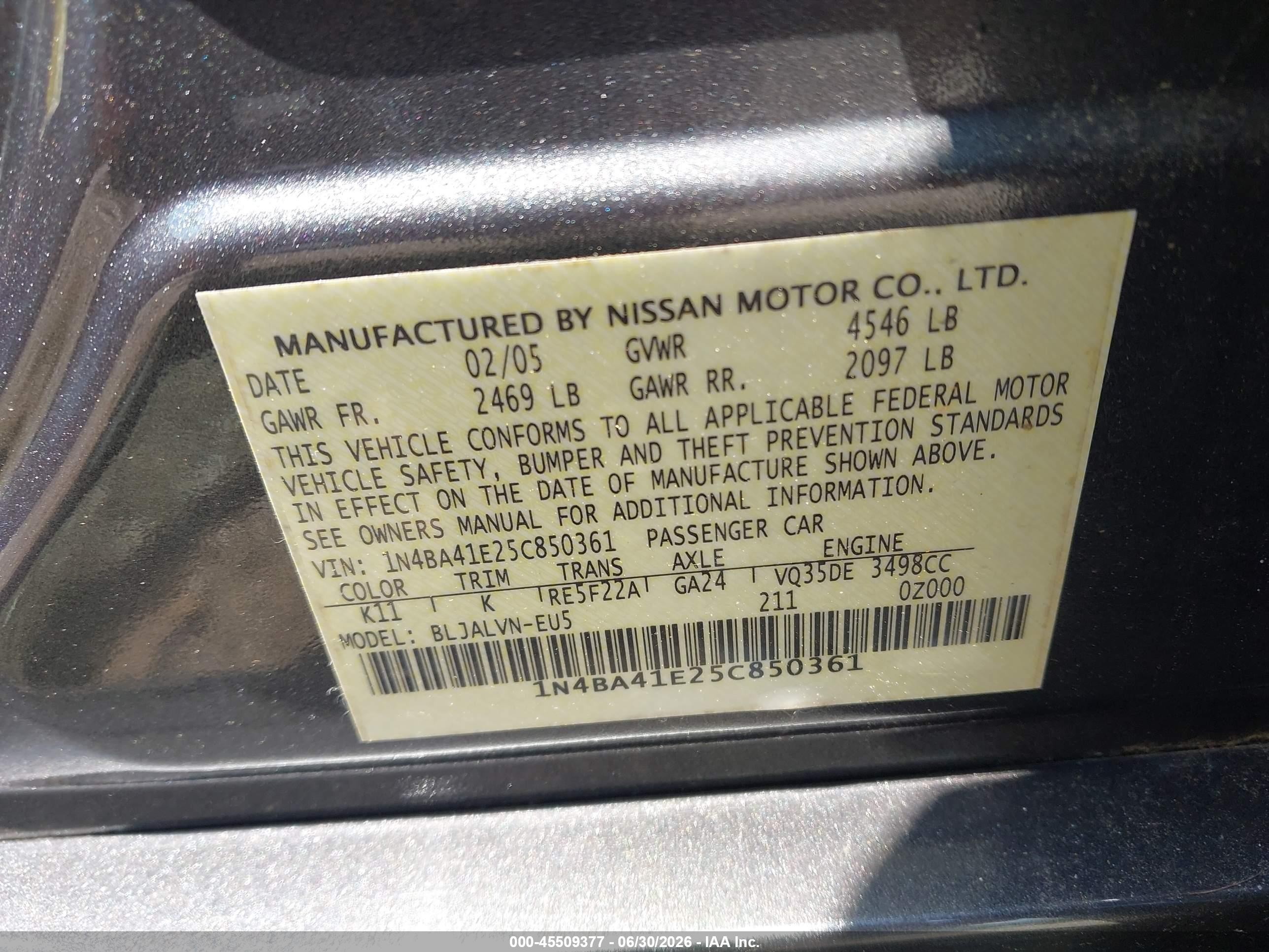 2005 Nissan Maxima 3.5 Se Gray vin: 1N4BA41E25C850361