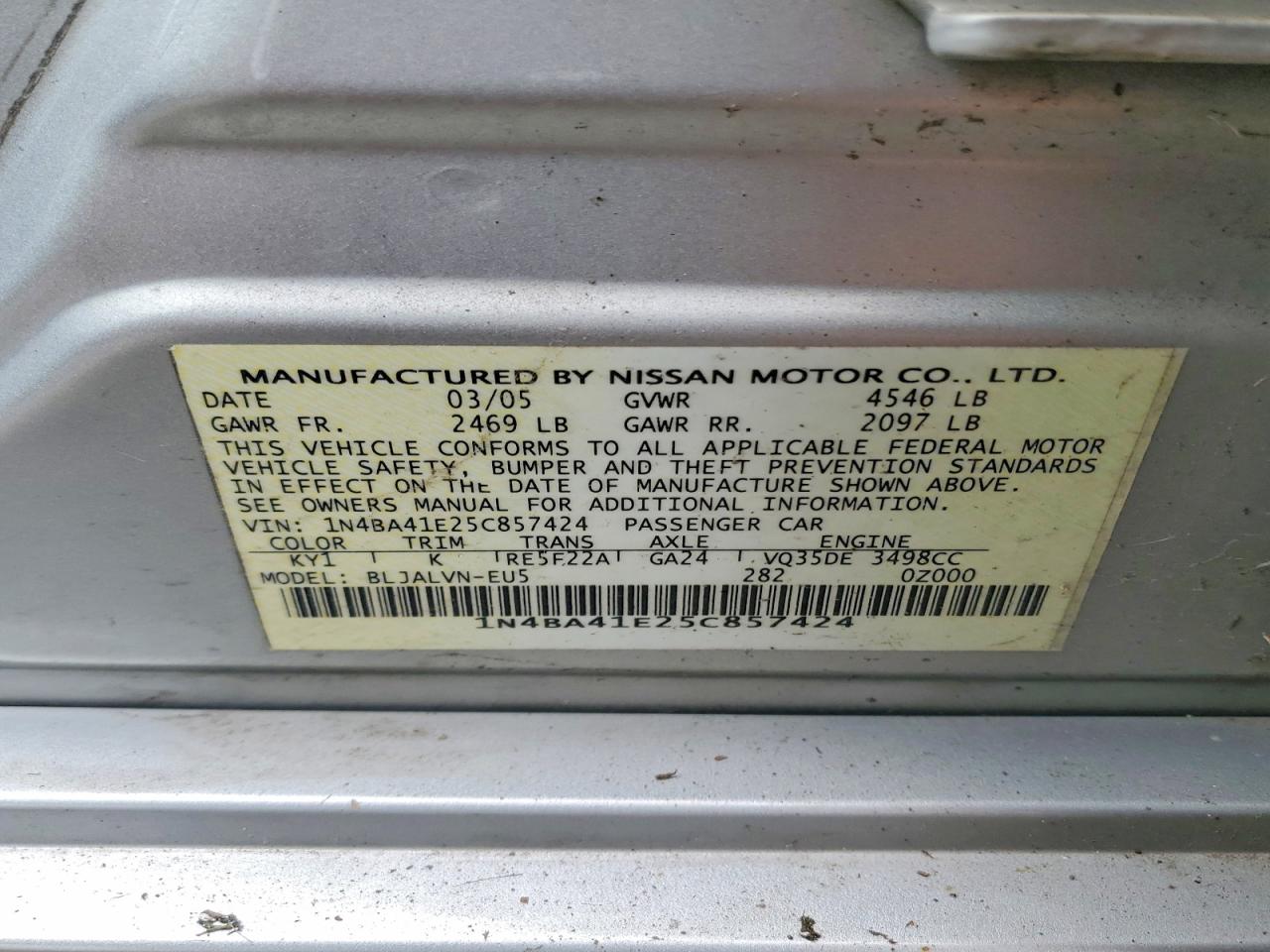 2005 Nissan Maxima 3.5 Se Silver vin: 1N4BA41E25C857424